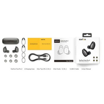 Earfun Free Pro 2 TWS Bluetooth Ohrhörer In-Ear-Kopfhörer (Wireless, Active Noise Cancelling, Fast Charge, 6 Mics, 30 Std. Spielzeit, IPX5)