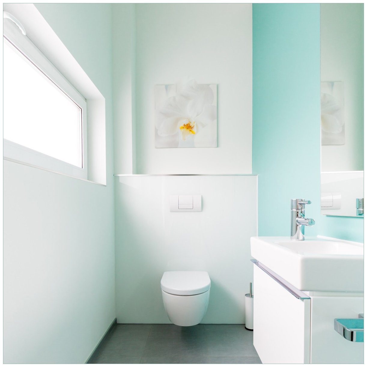 Wallario Tischplatte Badezimmer Gästetoilette Innenansicht - WC und Waschbecken (1 St), für Ikea Lack Tisch geeignet