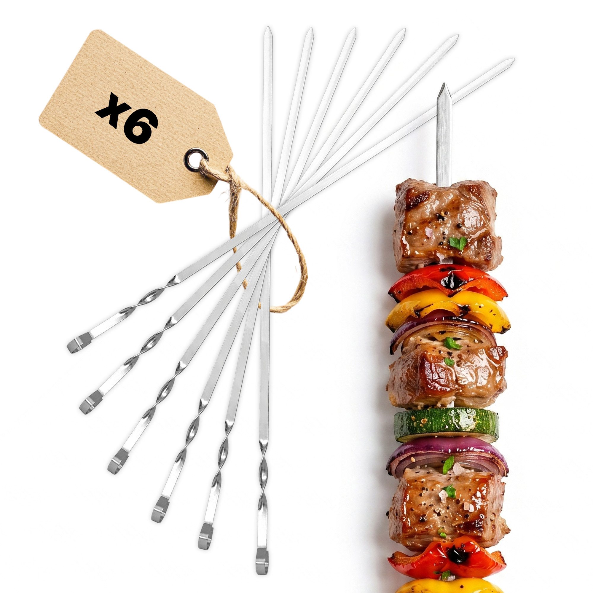 BIG-PAN Grillbesteck-Set BBQ Set 6-teilig – Edelstahl Grillspieße 600 mm Schaschlikspieße