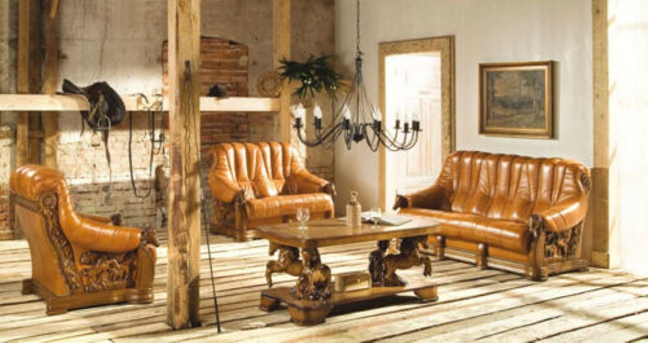 JVmoebel Sofa Wohnzimmer Sofagarnitur Couch Sitz Sofa Leder Holz 3+2 Set, Made in Europe | Alle Sofas