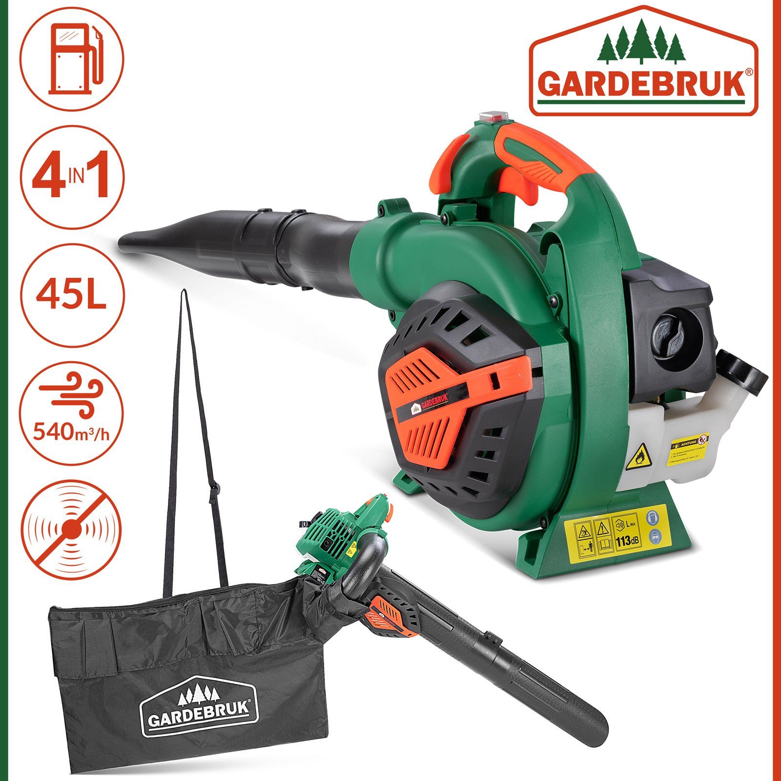Gardebruk Laubsauger, 4 in 1 Benzin Blasgeschwindigkeit 68m/s Fangsack 45L inkl Werkzeug