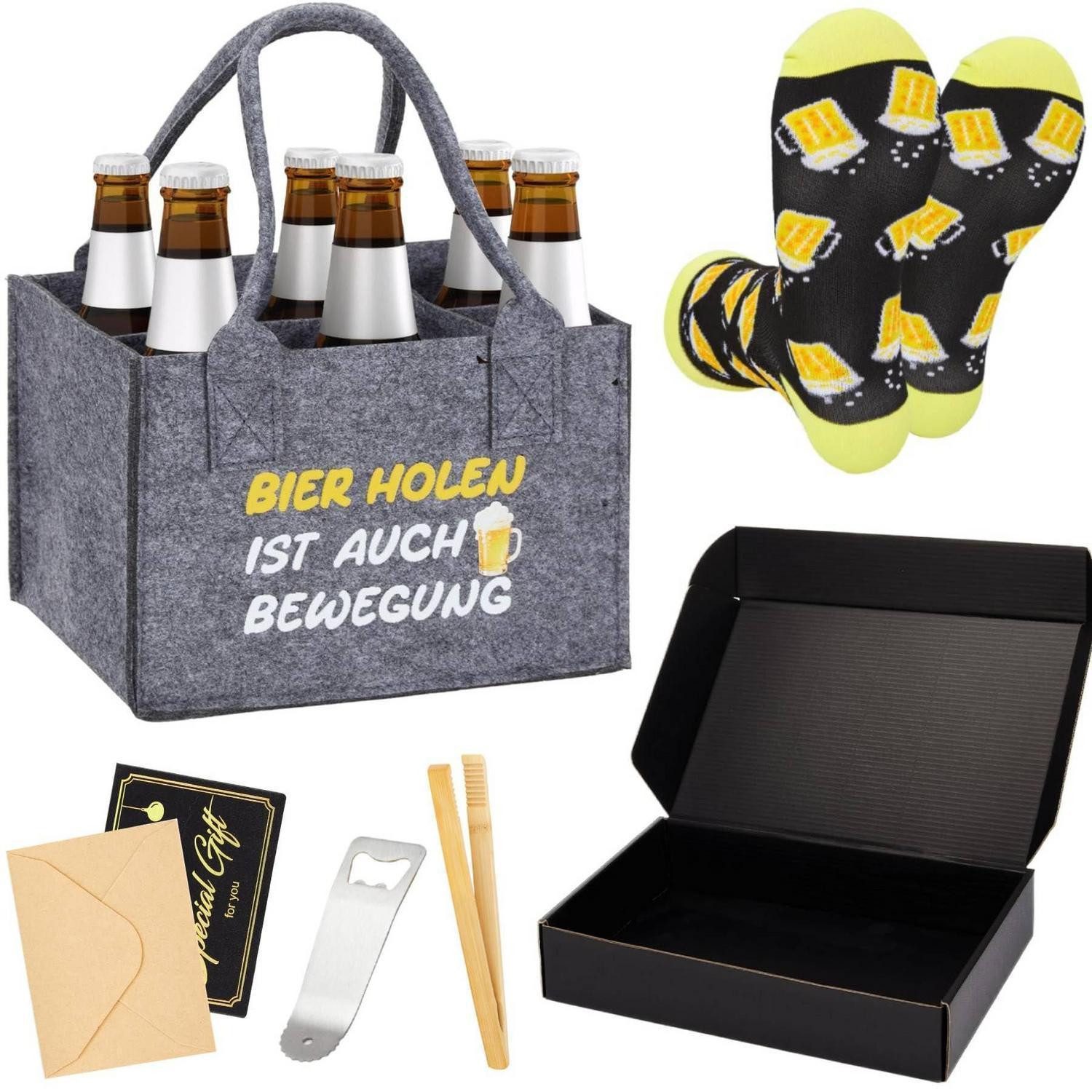LuxusKollektion Flaschenträger Bier Geschenkset Männer 5-teilig Filz Tasche Socken Flaschenöffner