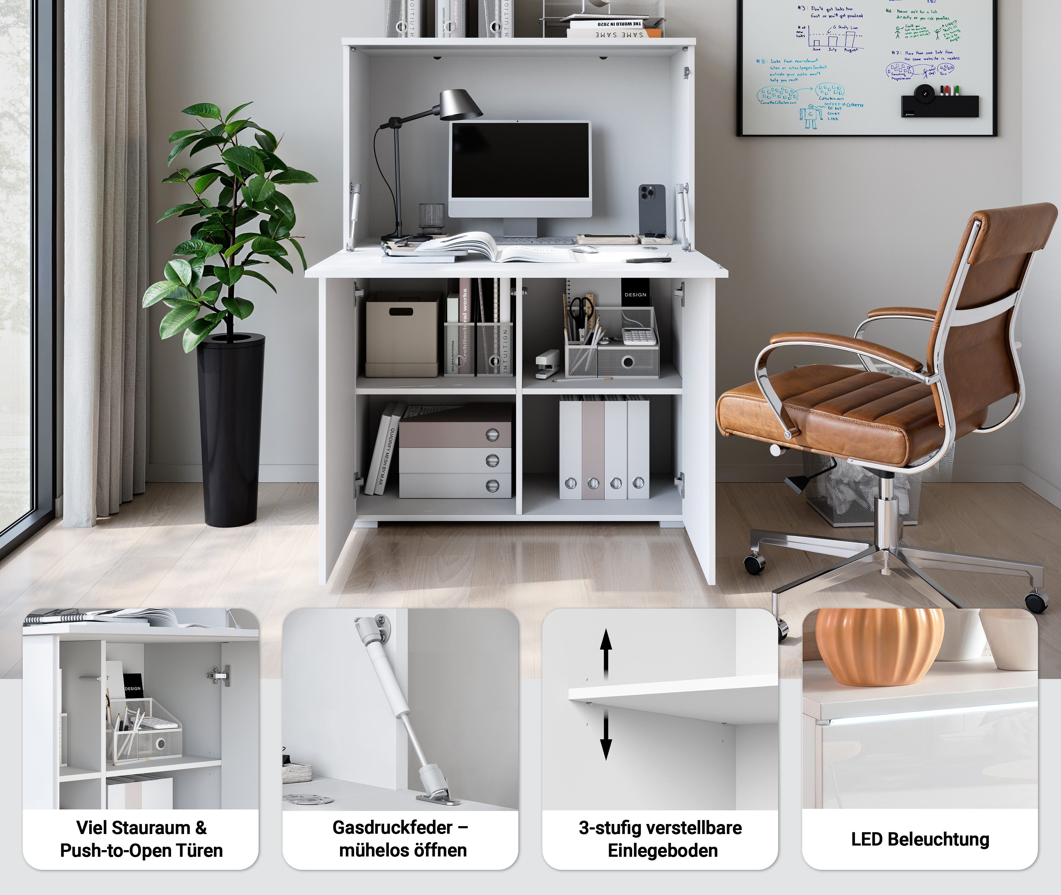 Home affaire PC-Schrank Vera, Sekretär, Home-Office-Schreibtisch mit LED-Beleuchtung (1 St), Multifunktional mit Stauraum, klappbare Tischfläche, LED, B 90 cm