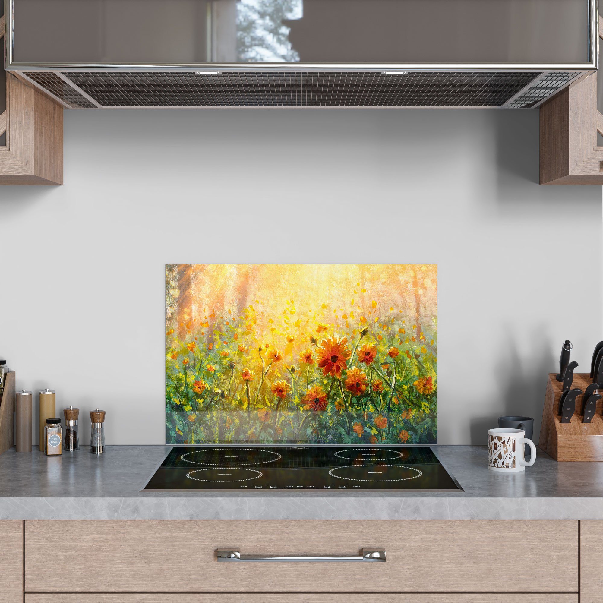 Badrückwand Glas DEQORI im Herdblende Monet-Stil', Küchenrückwand Spritzschutz 'Blumenwiese