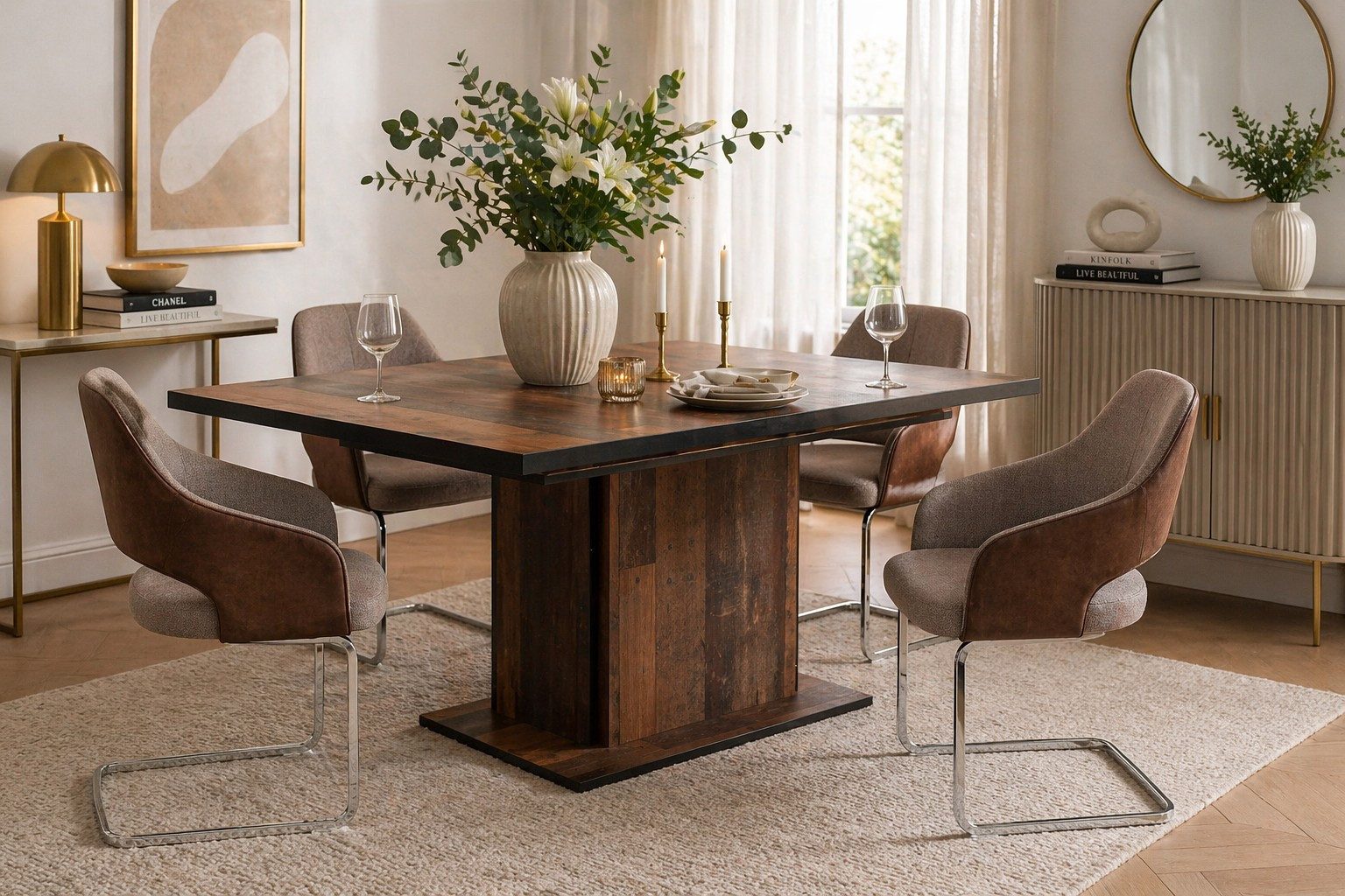 moebel-direkt-online Sitzgruppe 5tlg. Essgruppe bestehend aus Säulenesstisch und vier Arnmlehnstühlen, (Spar-Set, 5tlg. Set)