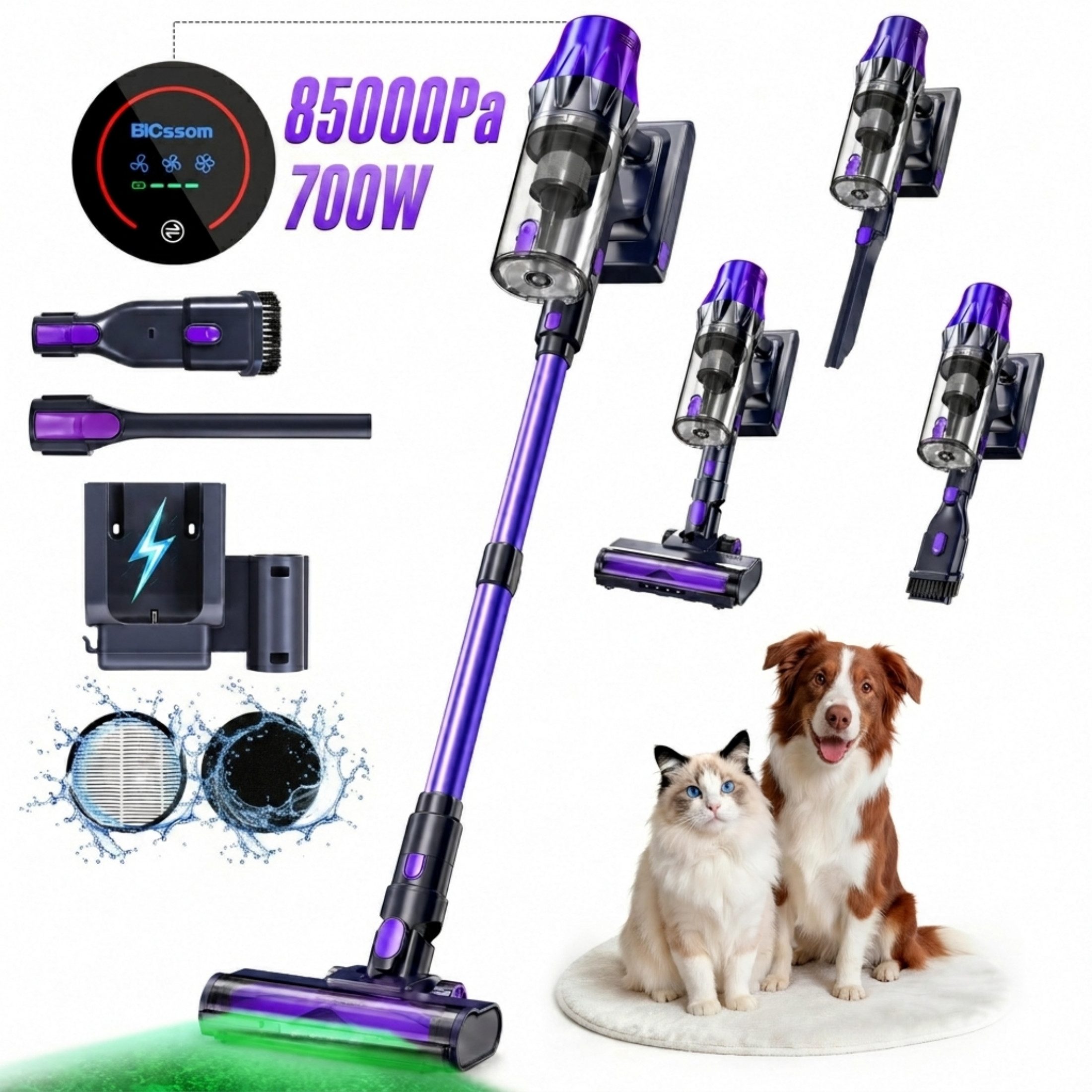 Blossom Akku-Hand-und Stielstaubsauger Akku Staubsauger Staubsauger Kabellos 85000Pa/70Min/2,1L, 700 W, beutellos, 52dB leise/6-Stufen-Filter/OLED Display,Ideal für Böden/Teppiche/Auto