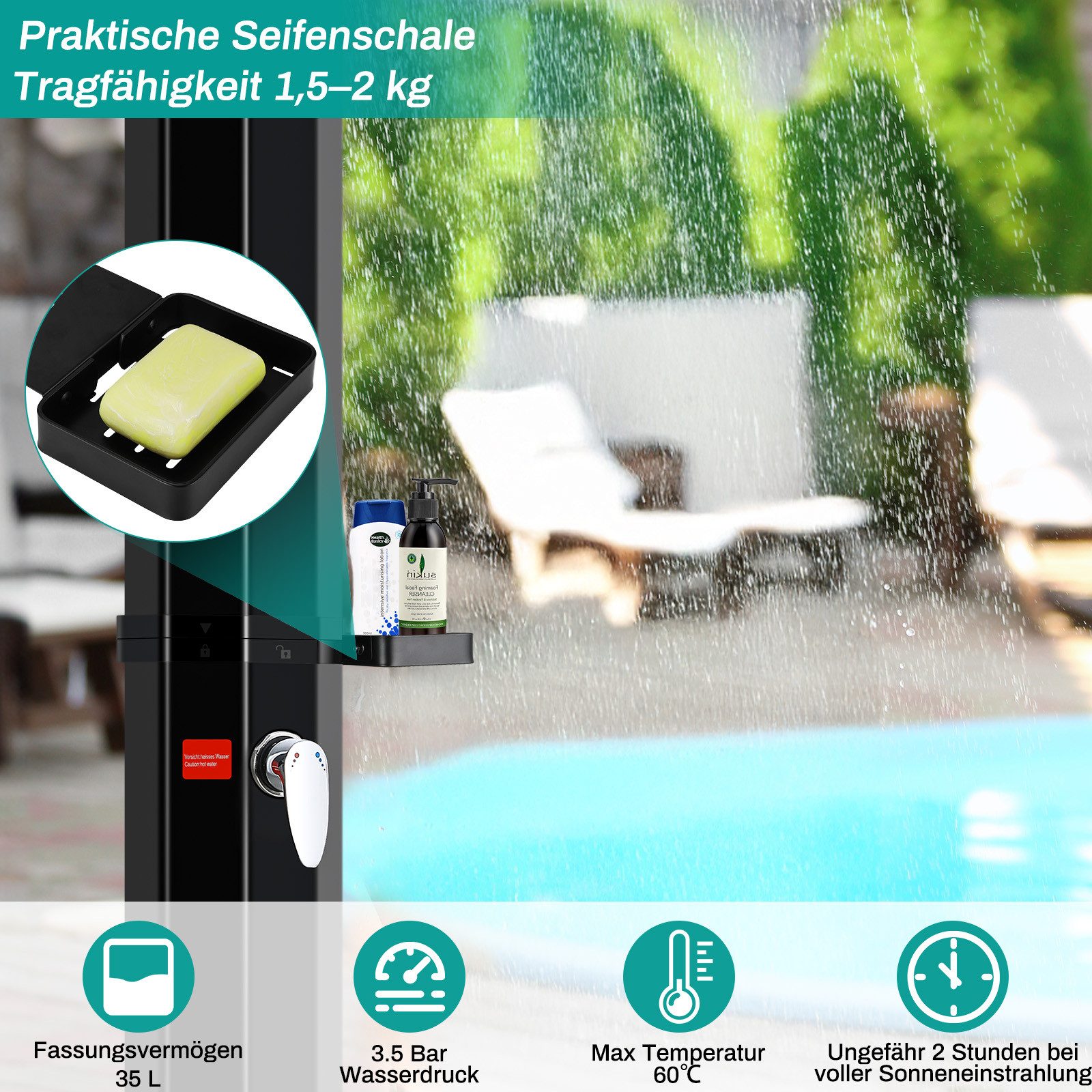 TLGREEN Gartendusche Solardusche Warmwasser bis 60°C, mit Regenduschkopf (35 L/40L/60L mit Seifenkiste & Schutzhaube, ohne Stromanschluss), Pooldusche Camping für Garten, Balkon & Pool