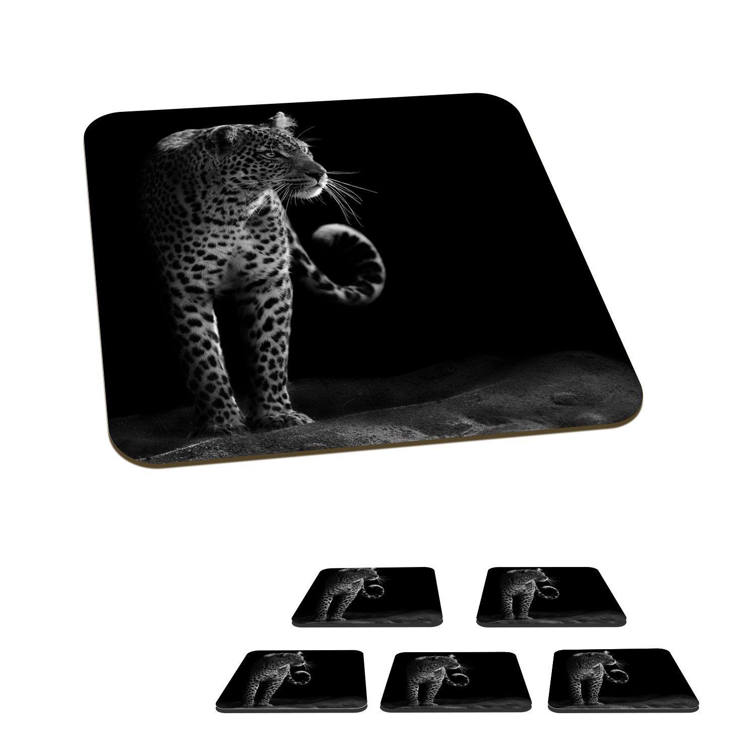 MuchoWow Glasuntersetzer Wildtiere - Leopard - Natur - Schwarz - Weiß, Zubehör für Gläser, 6-tlg., Glasuntersetzer, Tischuntersetzer, Korkuntersetzer, Untersetzer, Tasse