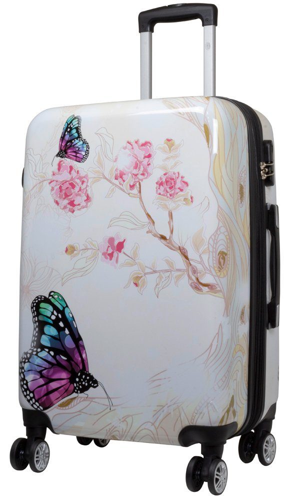 Trendyshop365 Hartschalen-Trolley Butterfly beige, bunter Reisekoffer mit Motiv, 3 Größen, 4 Rollen, Zahlenschloss, Dehnfalte, Schmetterling