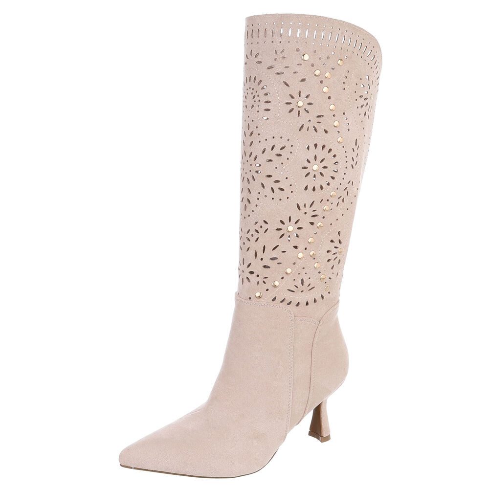 Ital-Design Kniehohe Stiefel mit Aussparungen und Absatz für Damen Sommerboots (91261242) Pfennig-/Stilettoabsatz Stiefel in Beige