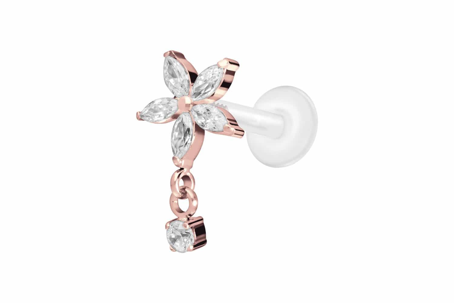 Piercing-Set PTFE Labret mit Innengewinde + Titan-Aufsatz KRISTALLBLUME + KRISTALL