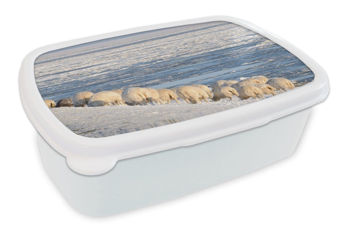 MuchoWow Lunchbox Schafe - Watteninseln - Meer, Kunststoff, (2-tlg), Brotbox für Kinder und Erwachsene, Brotdose, für Jungs und Mädchen weiß