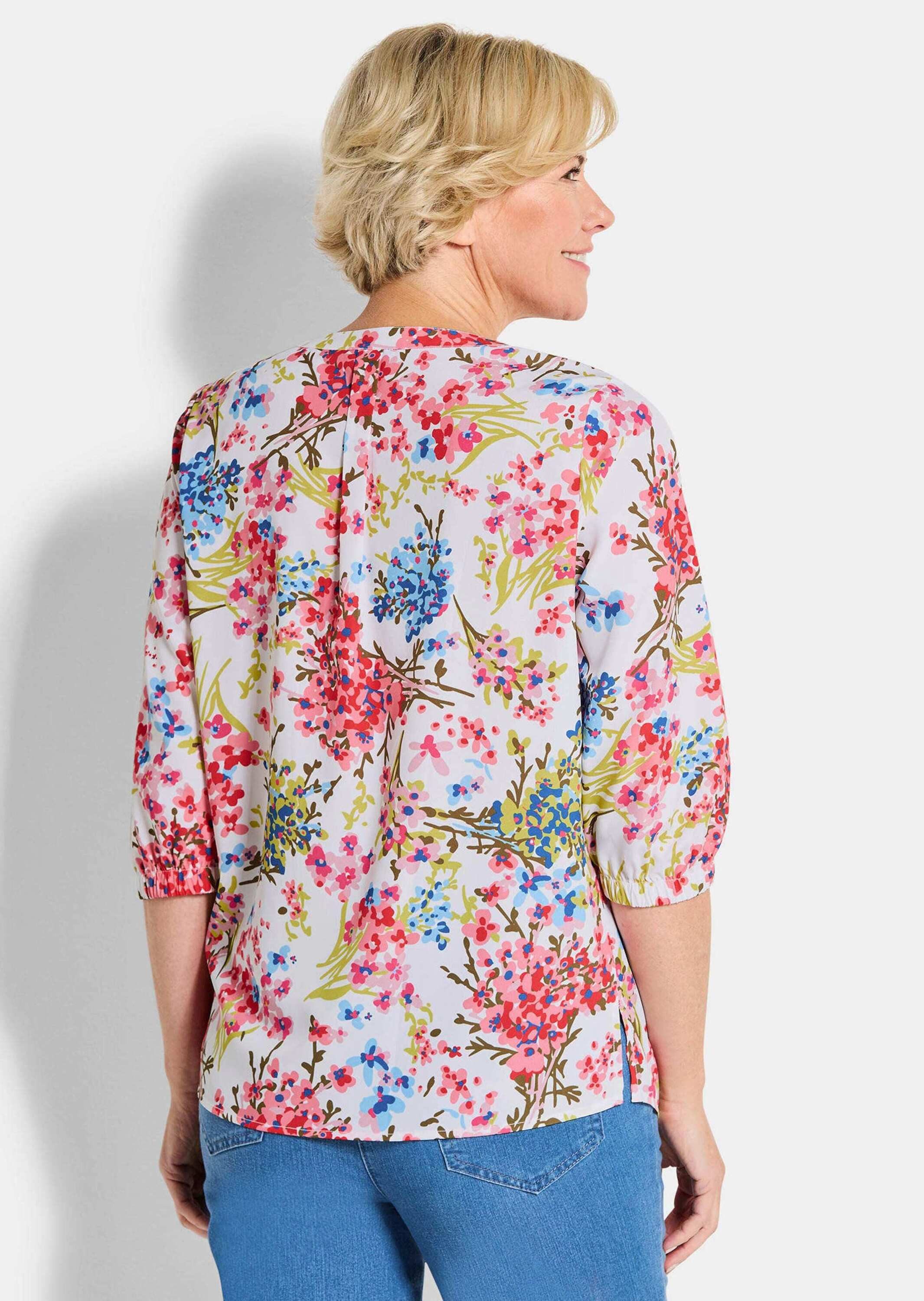 GOLDNER Tunika Kurzgröße: Schlupfbluse mit floralem Muster Freizeitbluse mit Rundhals mit V und 3/4-Ärmeln