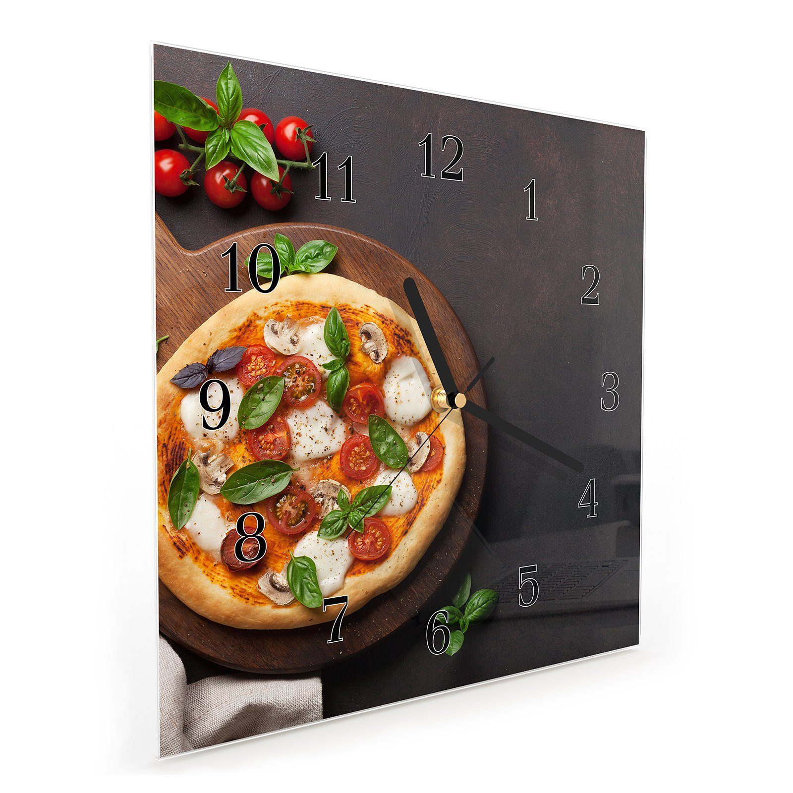 Primedeco Wanduhr Größe Motiv x cm 30 30 Margerita Pizza mit Wandkunst Glasuhr Wanduhr