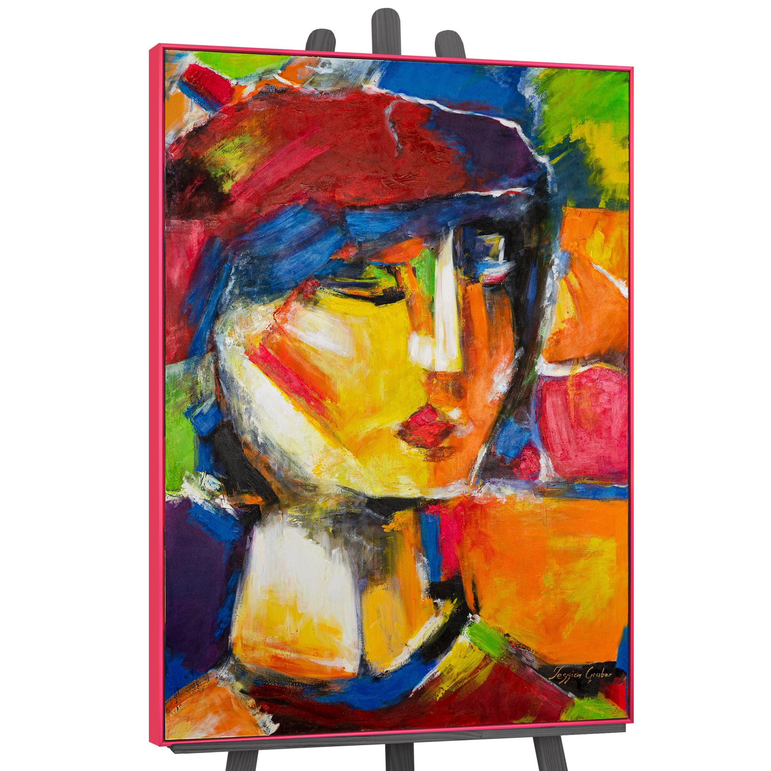 YS-Art Gemälde Lebhaftes Outfit, Abstraktion, Leinwandbild Muse mit Mütze in Bunt gerahmt