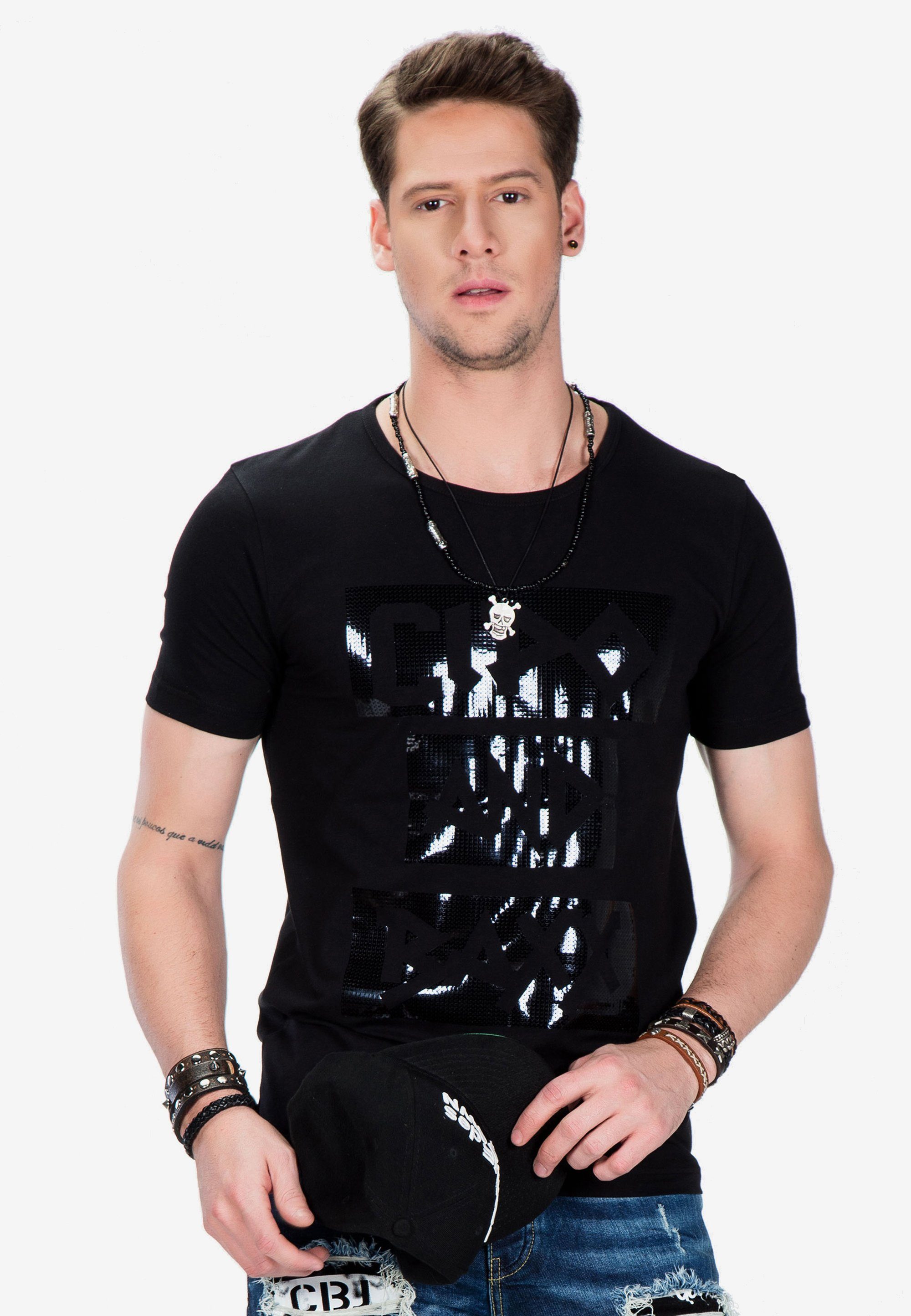 Cipo & Baxx T-Shirt mit glänzendem Foliendruck schwarz
