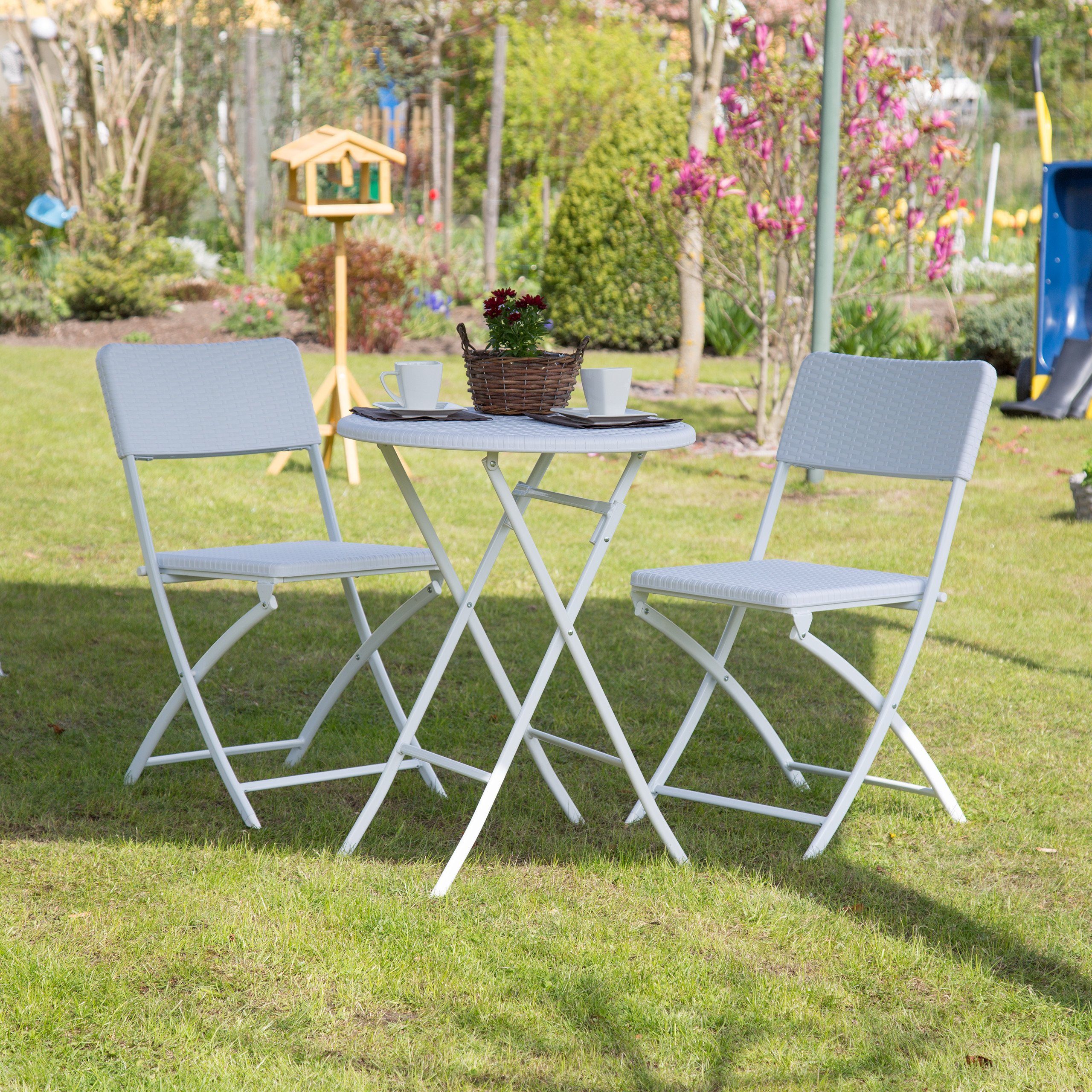 3-teilig, Gartentisch Set Weiß Gartenmöbel relaxdays BASTIAN