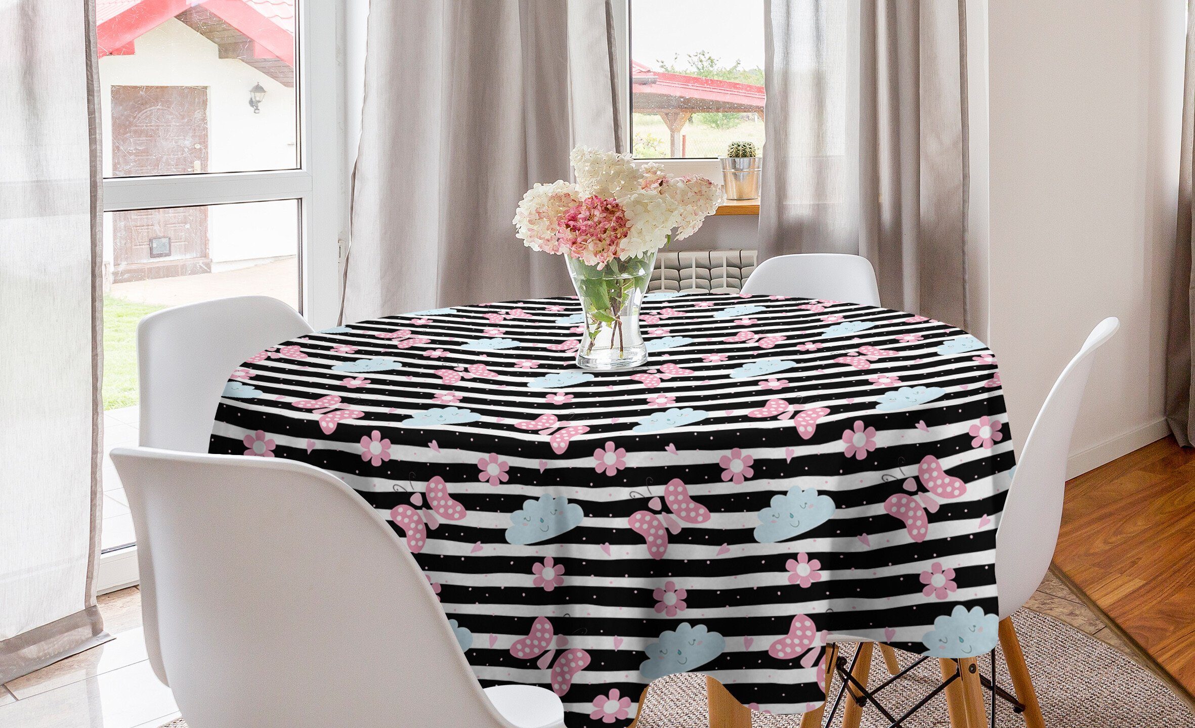 Abakuhaus Tischdecke Kreis Tischdecke Abdeckung für Esszimmer Küche Dekoration, Kindisch Schmetterlinge und Wolken