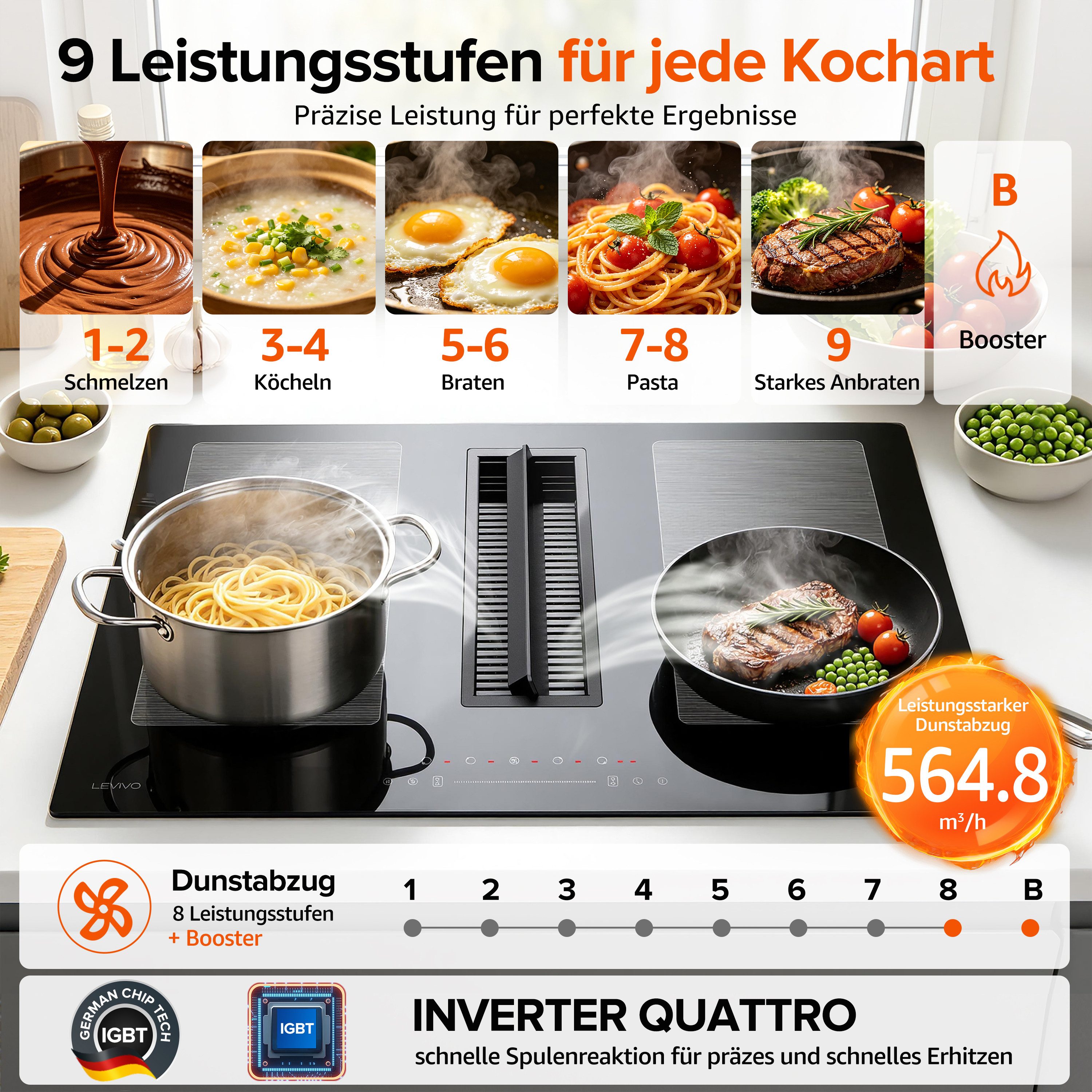 Levivo Induktions-Kochfeld Induktionskochfeld 77 cm mit 564 m³/h Dunstabzug, 8 Stufen & Booster, Touch-Control, Timer und Bridge Funktion – Bild 4 von 5