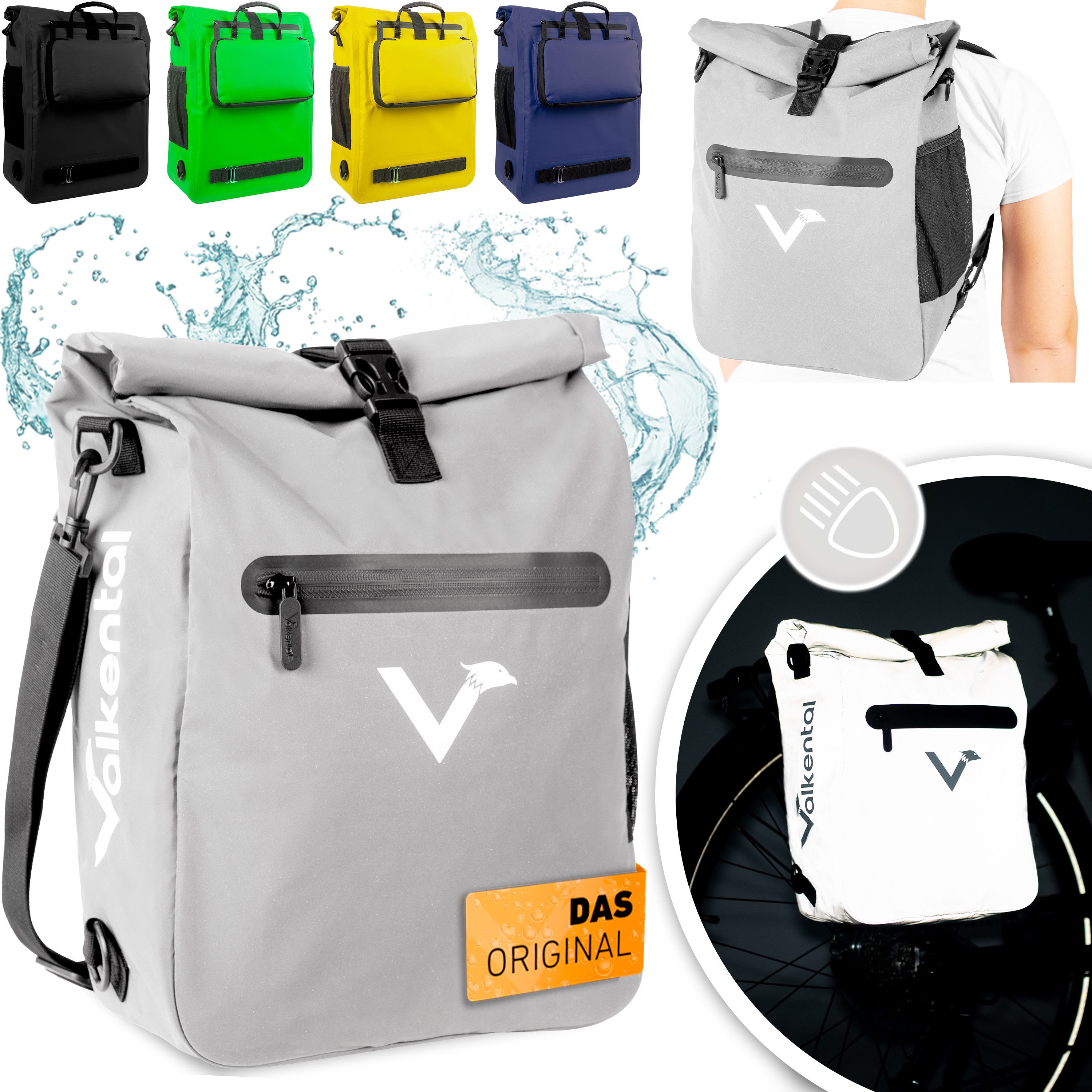 Valkental Fahrradtasche Gepäckträgertasche, Rucksack und Umhängetasche, 3in1 - wasserdicht & reflektierend 25 L