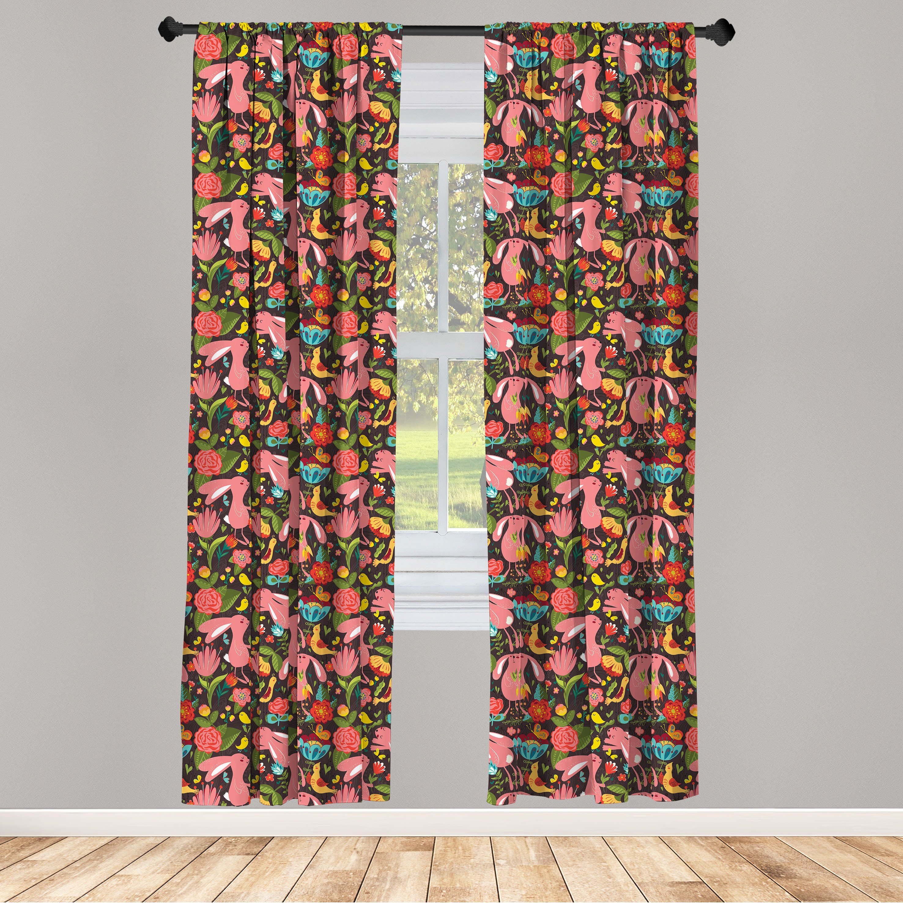 Gardine Vorhang für Wohnzimmer Schlafzimmer Dekor, Abakuhaus, Microfaser, Kindergarten Kaninchen und Blumen | Fertiggardinen