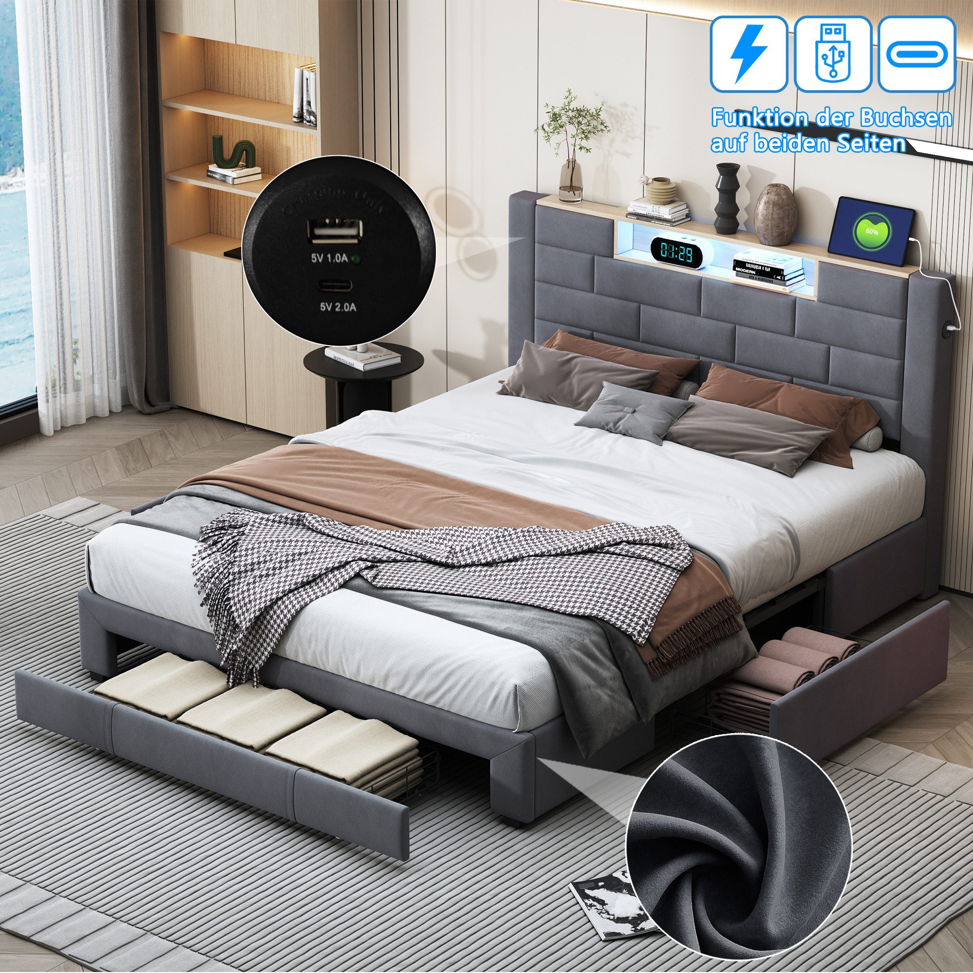 Simurq Polsterbett LED Stauraumbett 160x200 cm mit USB-C & 3 Schubladen (Set, 1-tlg) (Bettgestell 160x200 Grau mit Lattenrost), LED bett, Jugendbett,Schubladenbett,ohne Matratze