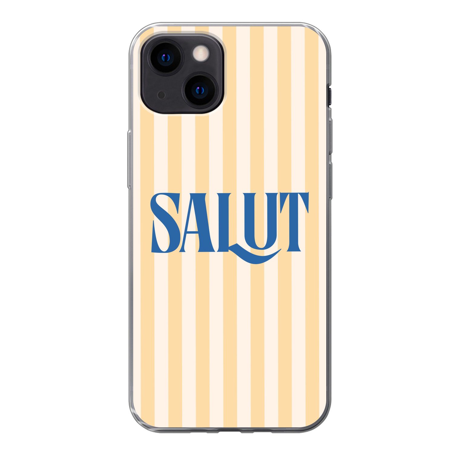 MuchoWow Handyhülle für Apple iPhone 13 mini Salut - Zitat - Streifen - Gelb - Blau - Weiß, Smartphone-Bumper, Print, Handy Schutzhülle Dünn