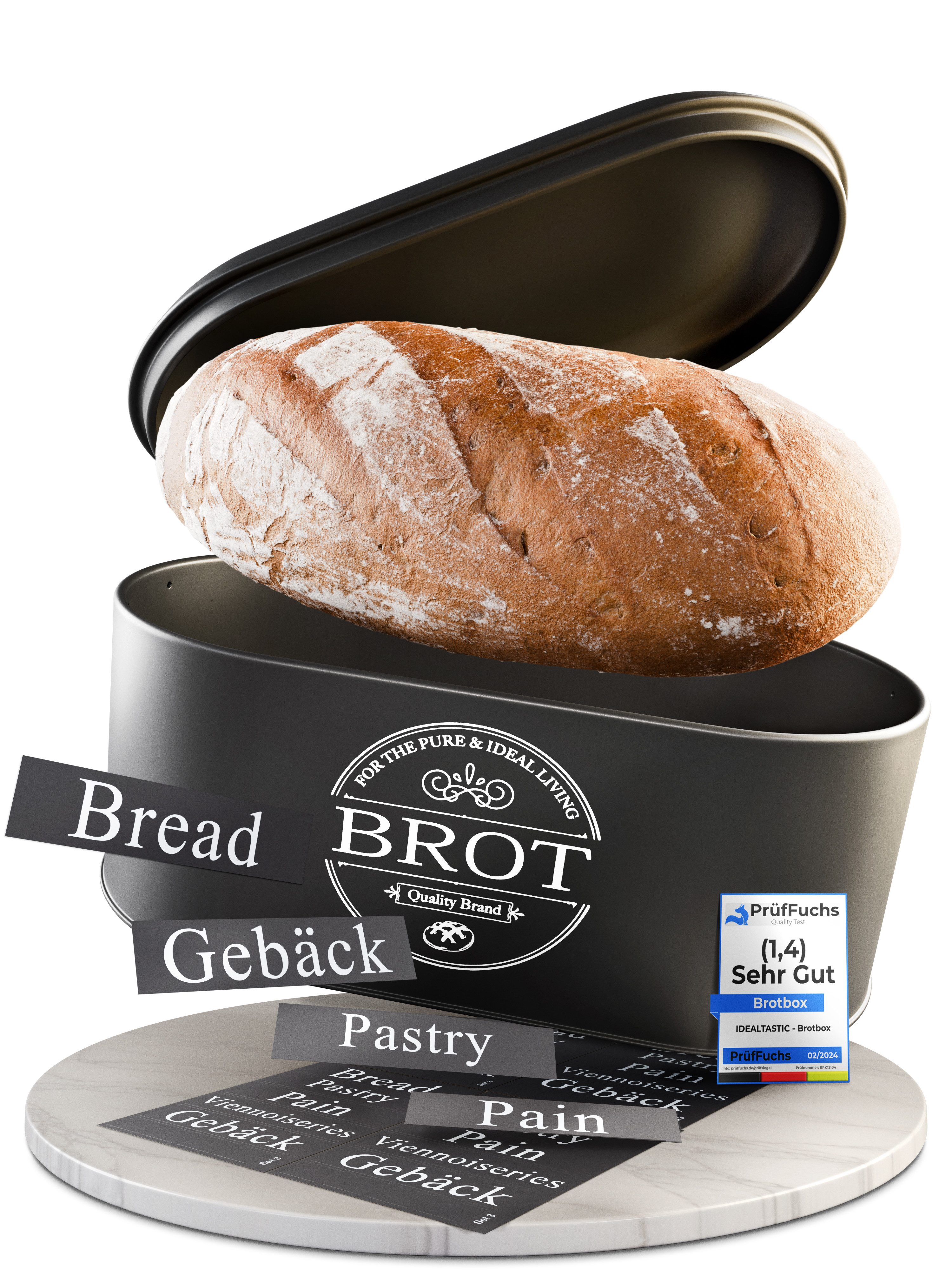 IDEALTASTIC Brotkasten Premium 2-in-1 Brotkasten für die ideale Brot Aufbewahrung, Stahl, (Brot Aufbewahrung, Brotkästen, Brotkasten), Schwarzer Brotkasten mit Frischhaltefunktion & Luftzirkulation“