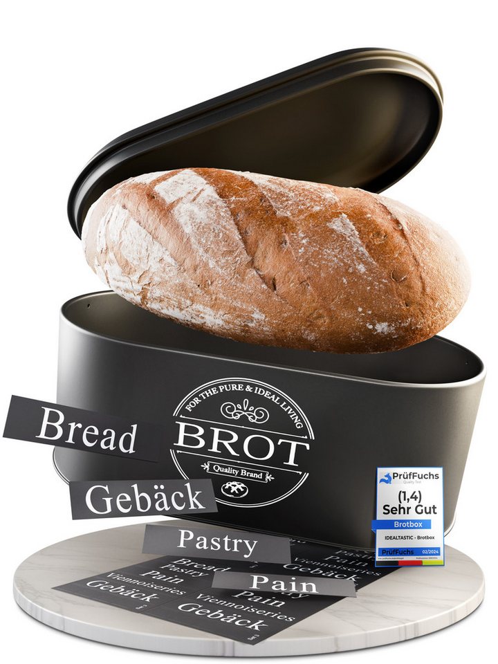 IDEALTASTIC Brotkasten Premium 2-in-1 Brotkasten für die ideale Brot Aufbewahrung, Stahl, (Brot Aufbewahrung, Brotkästen, Brotkasten), Schwarzer Brotkasten mit Frischhaltefunktion & Luftzirkulation“