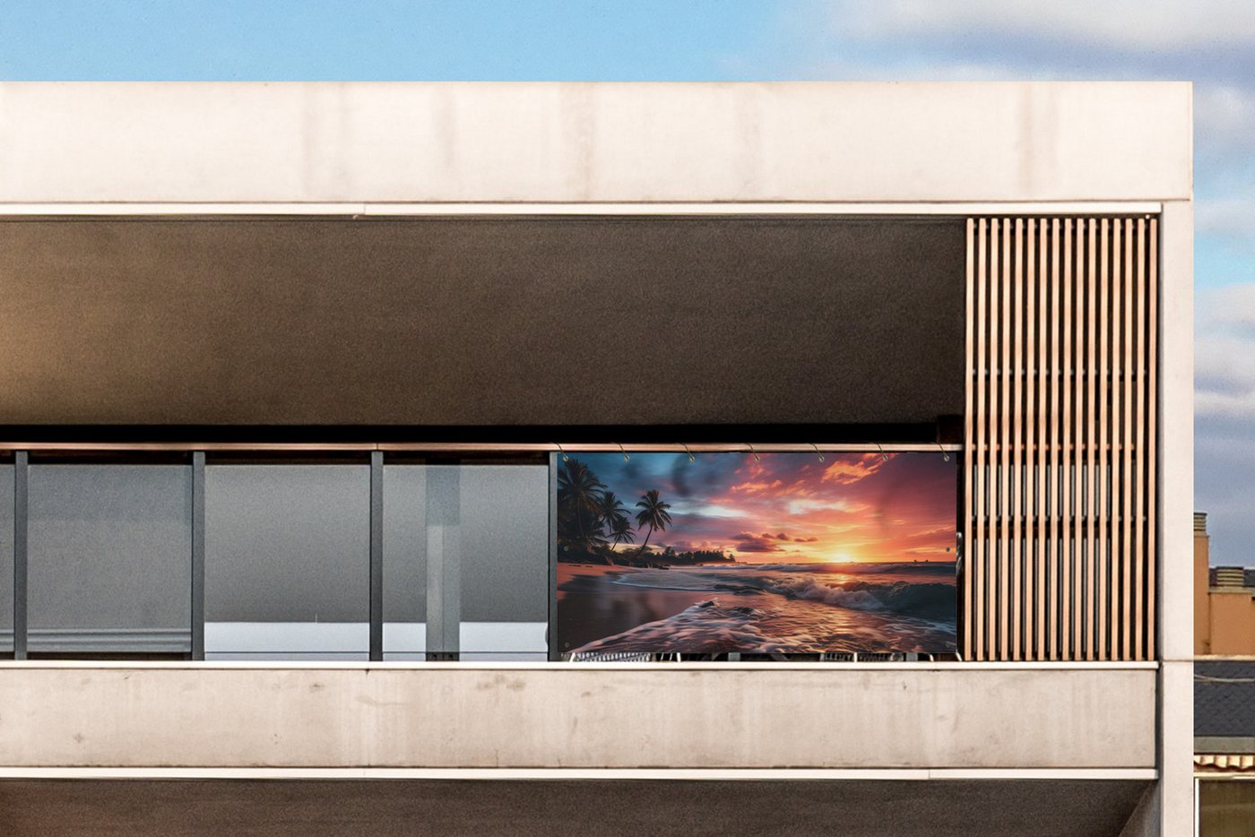Thumbnail - MuchoWow Balkonsichtschutz Sonnenuntergang - Strand mit Palmen - Meer (1-St) Balkon Sichtschutz 90x200, Windschutz für Z...