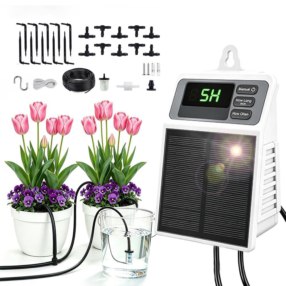 TWUFY Bewässerungssystem Solar Bewässerungssystem Tropfbewässerung Set Automatisch, Akku, (Bewässerungscomputer, 10 Tropfern, 10 m Schlauch, 30 Bewässerungsmodi, Gartenbewässerung für Balkon, Hochbeet & Gewächshaus), für Außen & Zimmerpflanzen, wiederaufladbar, hängbar