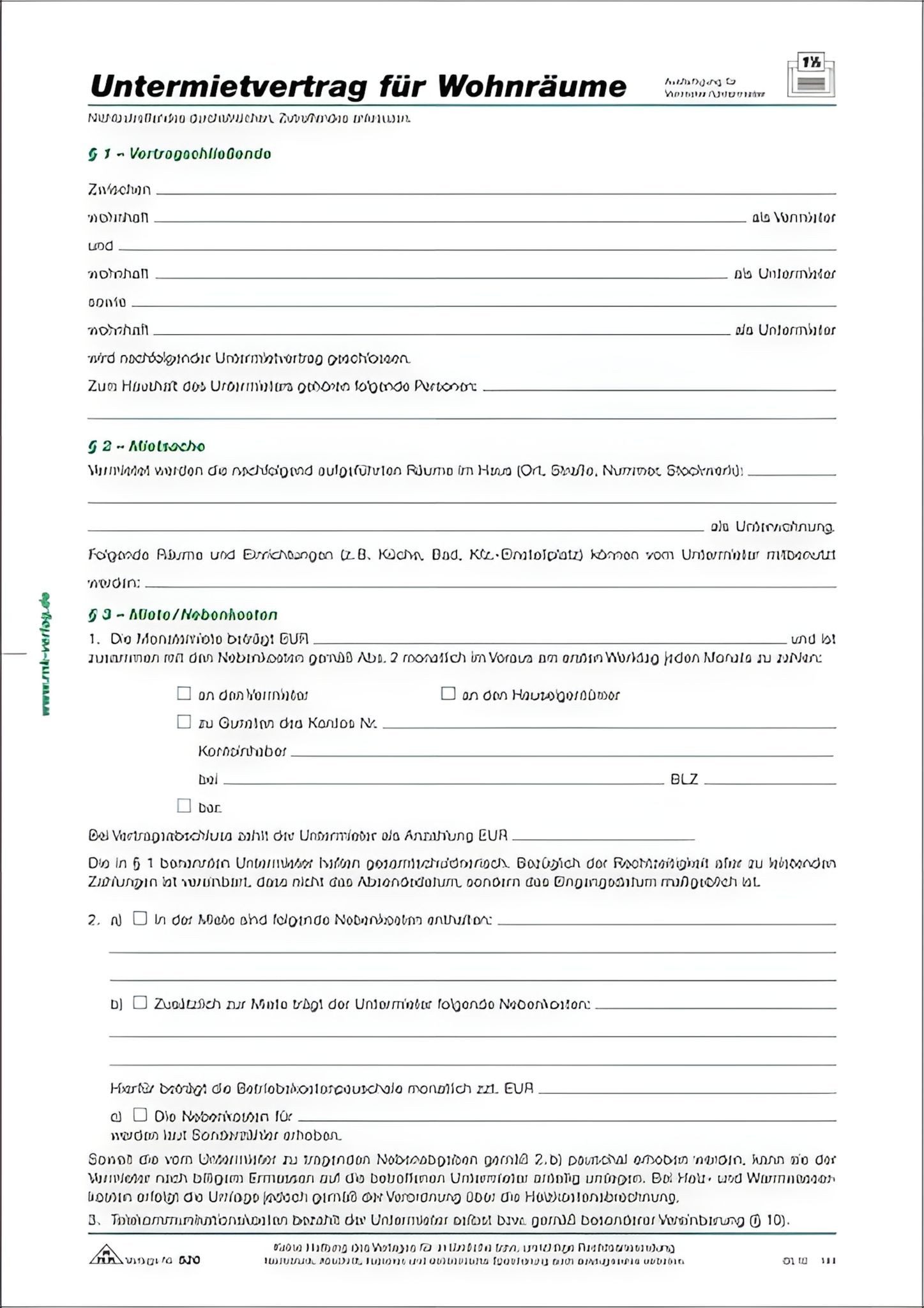RNK Formularblock RNK Untermietvertrag A4