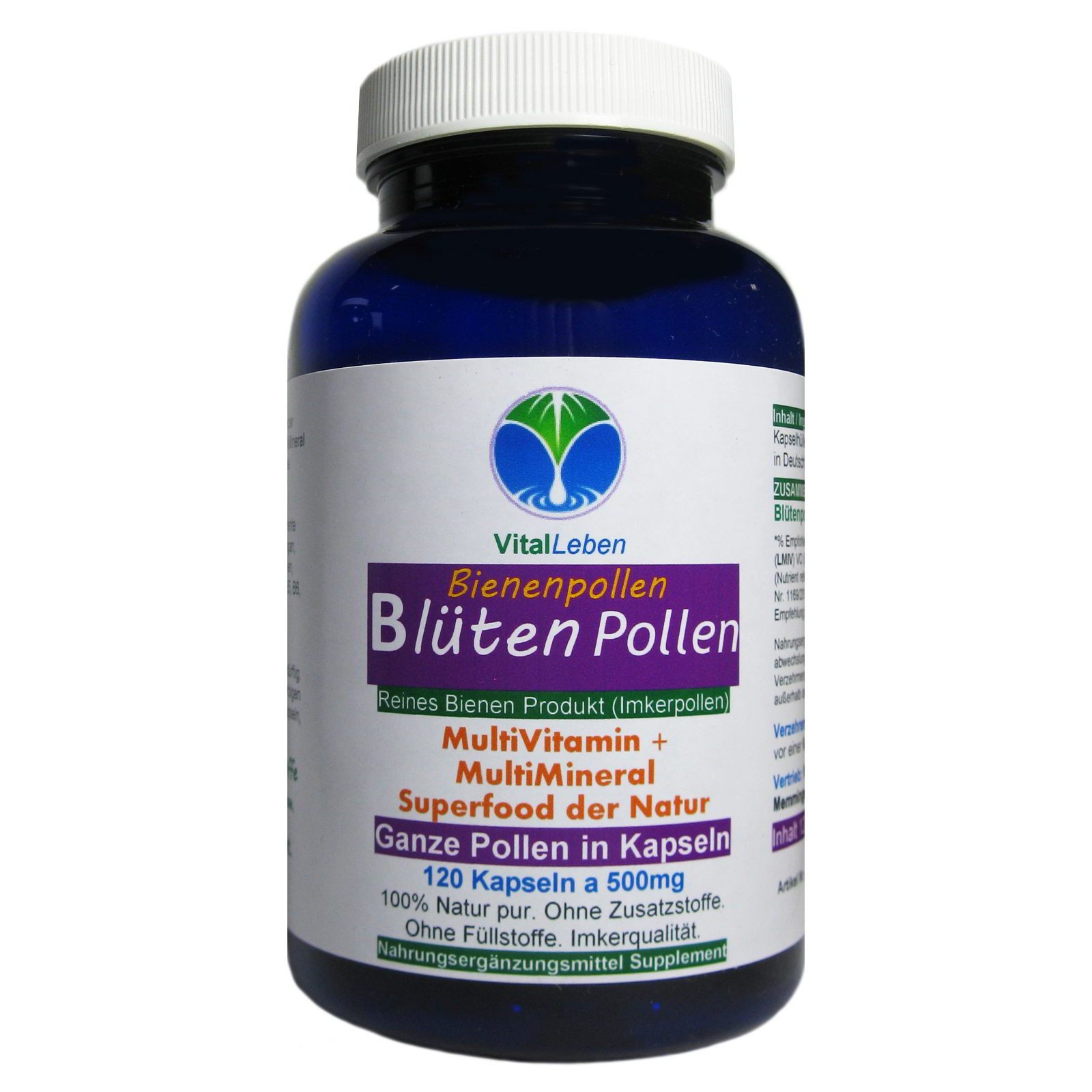 VitalLeben Bienenpollen ganze Blütenpollen (Bee Pollen) ohne Zusatzstoffe Kapseln, 1 er Dose à 120 St., 60 g, Art. 26925-120