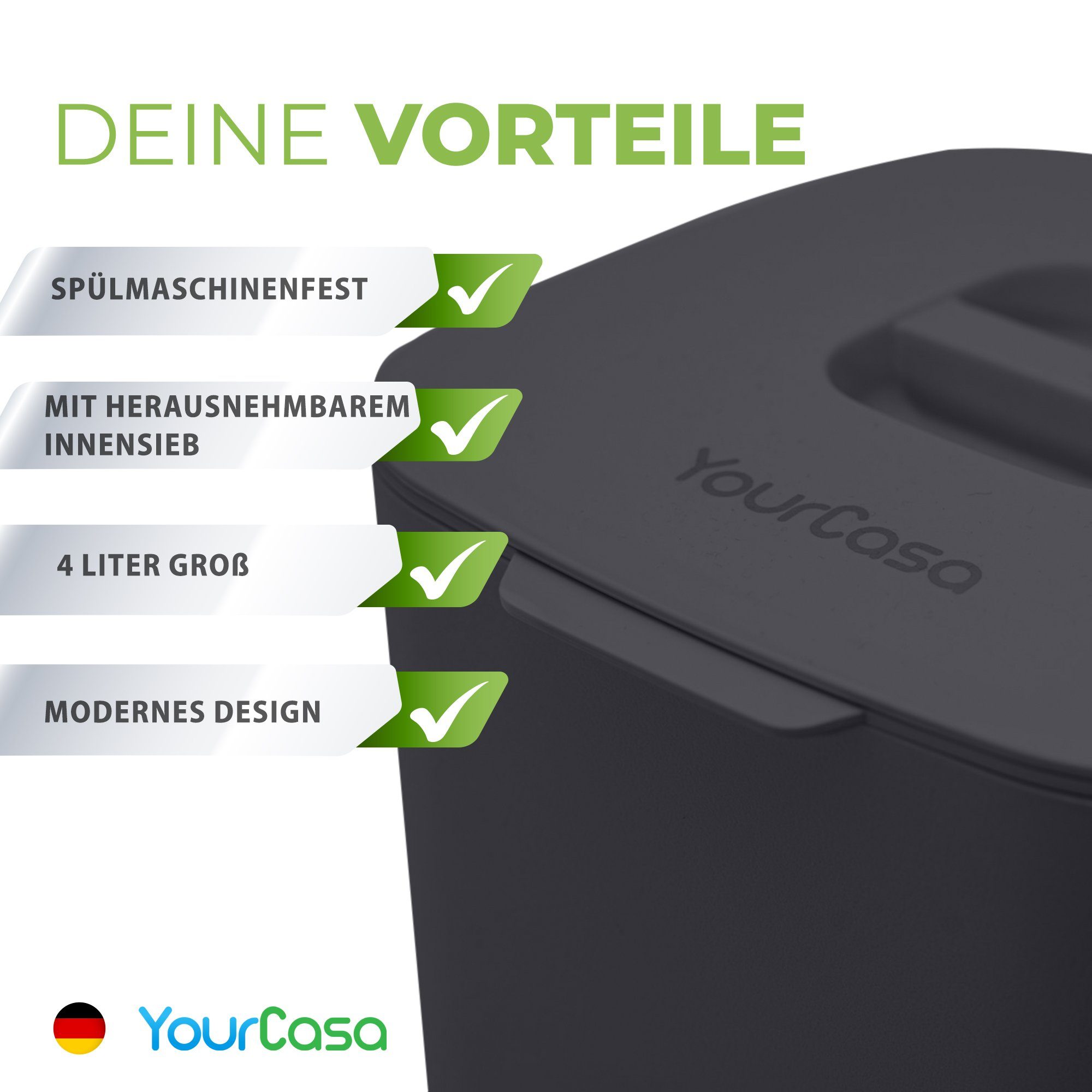 YourCasa Biomülleimer YourCasa® Biomülleimer Küche - Komposteimer für alltäglichen Biomüll, Mit Sieb, Spülmaschinenfest