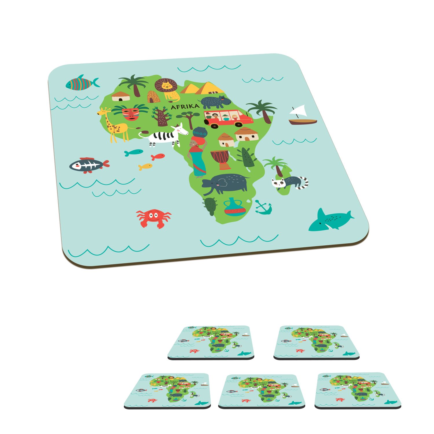 MuchoWow Glasuntersetzer Weltkarte Kinder - Tiere - Afrika, Zubehör für Gläser, 6-tlg., Glasuntersetzer, Tischuntersetzer, Korkuntersetzer, Untersetzer, Tasse