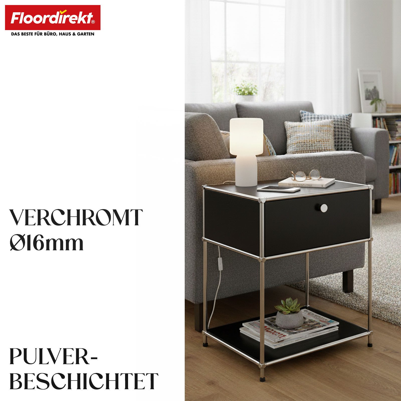 Floordirekt Beistelltisch Concept Epure MK-139, B50 × T40 × H65 cm, verschließbare Schublade (modular, kratzfeste Pulverbeschichtung), Beistellregal mit verchromtem Metallgestell, höhenverstellbare Füße