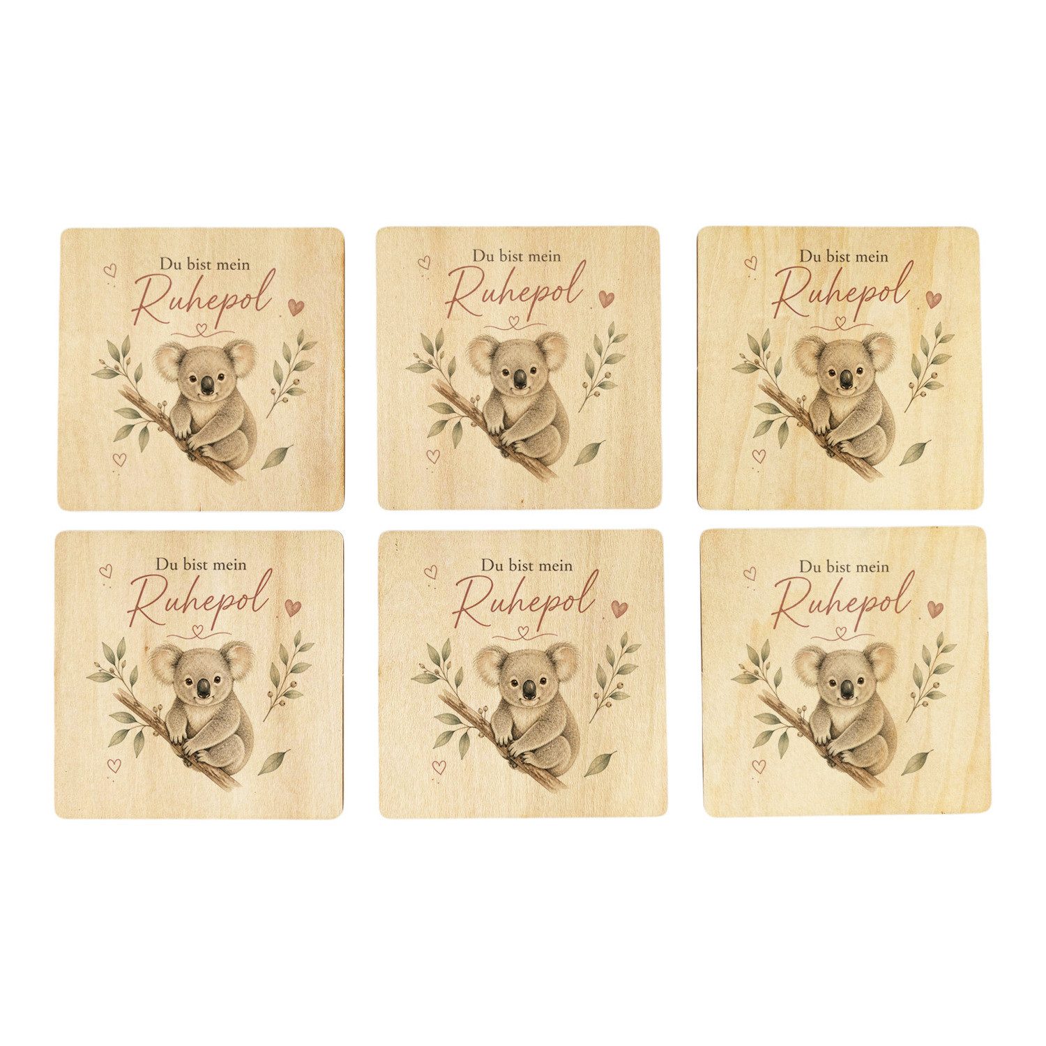 speecheese Glasuntersetzer 6er Set Untersetzer Holz Mein Ruhepol Koala und Blätterzweigen Mit Du