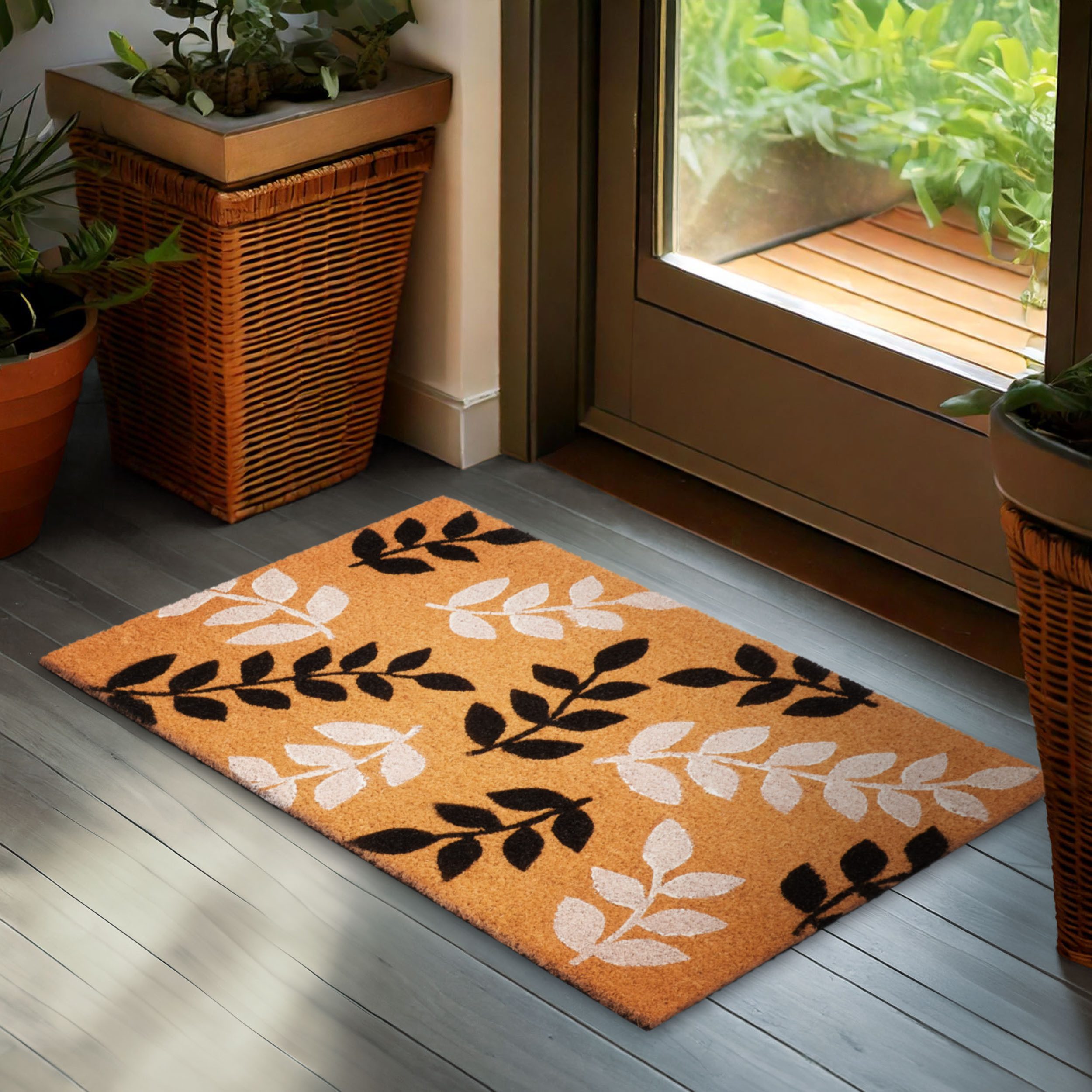 BRUBAKER Fußmatte Blumen und Pflanzen - 45 x 75 cm Schmutzfangmatte - Kokos Fußabtreter, Rechteckig, Höhe: 16 mm, Antirutsch Türmatte für Außen und Innen - Wetterfest und Rutschfest
