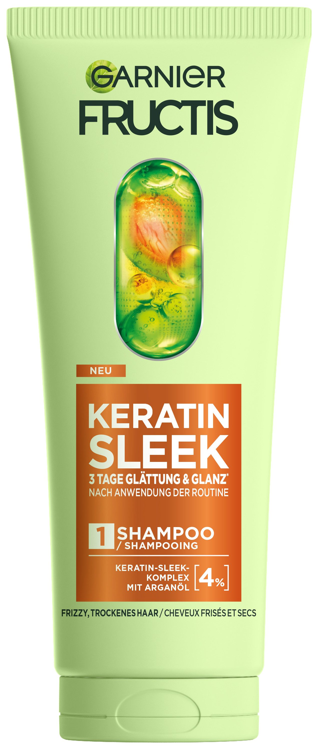 GARNIER Haarshampoo Garnier Fructis Keratin Sleek Shampoo, Packung, 6-tlg., Für trockenes, zu Frizz neigendes Haar, glättet Haarfaser, vegan.