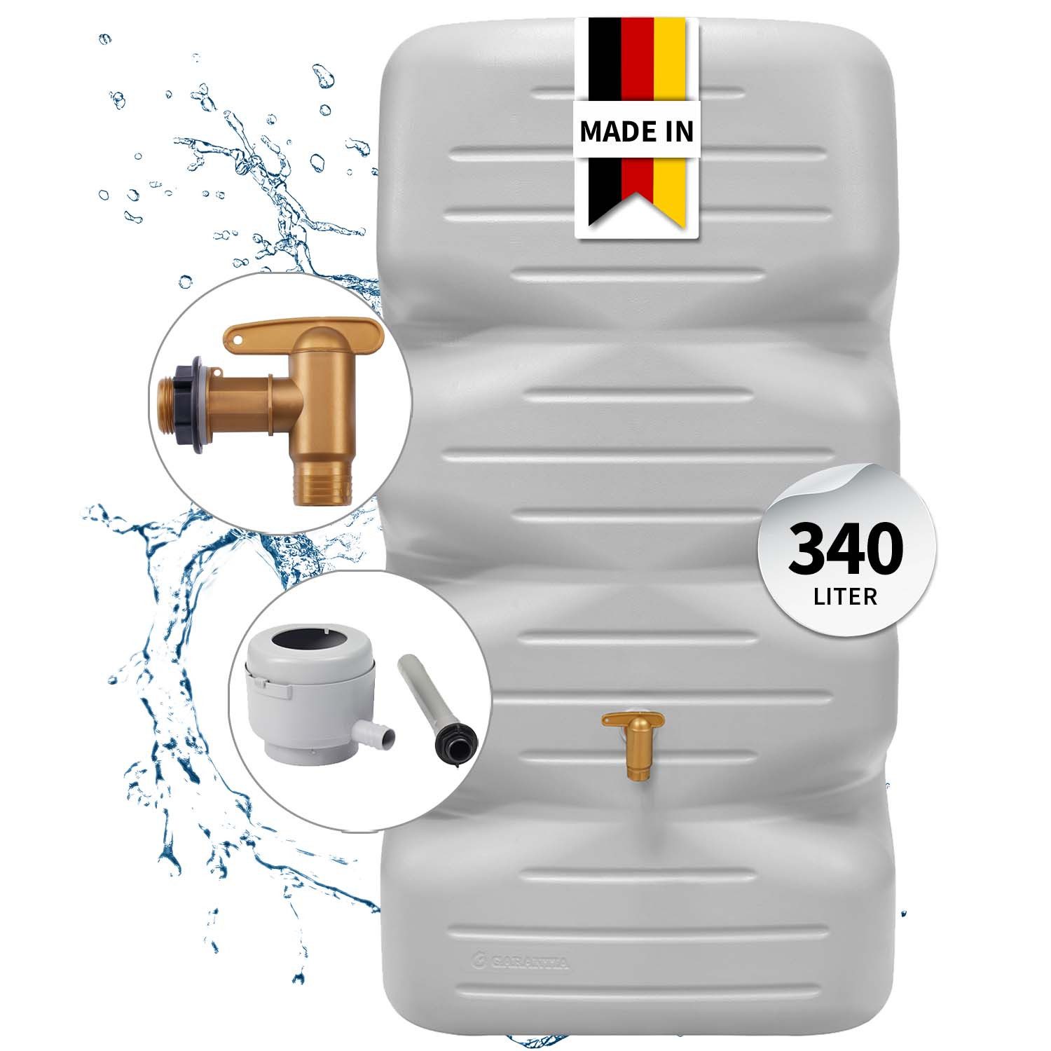 GARANTIA Regentonne CUBUS Regentonnen Komplett-Set 340 L betongrau, 340 l