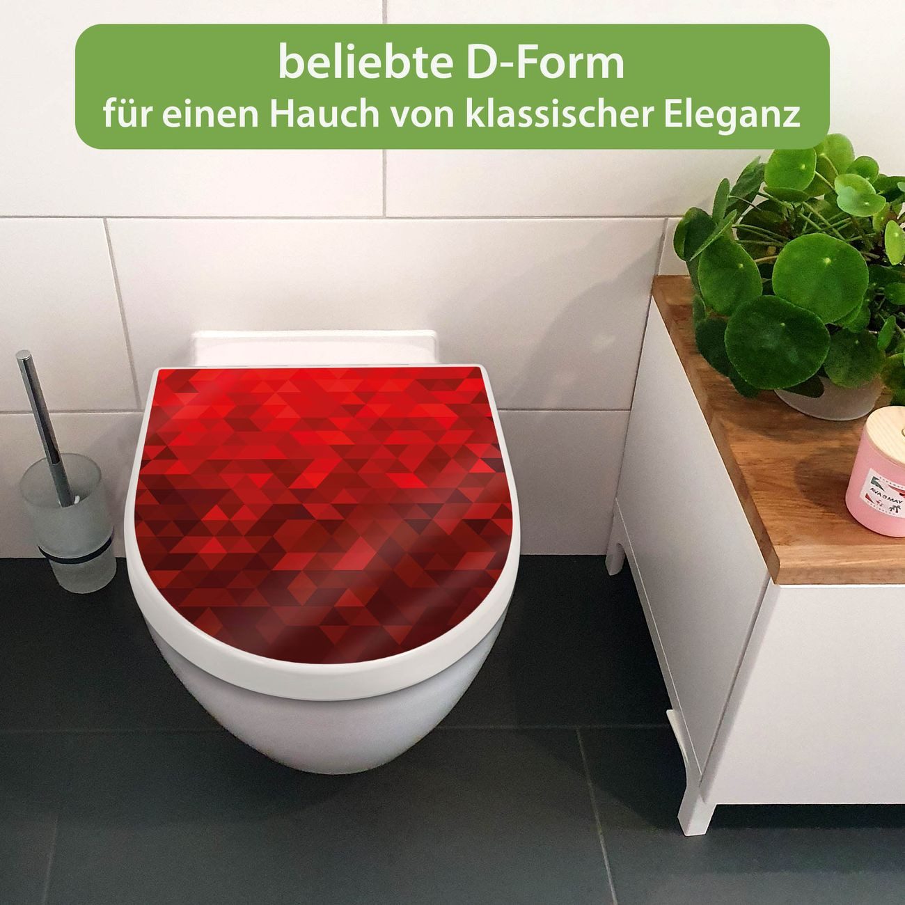 banjado WC-Sitz Premium D-Form mit Absenkautomatik Motiv Dreiecke Rot (umweltfreundliches Material, Softclose Absenkautomatik), 45 x 36,4 x 4