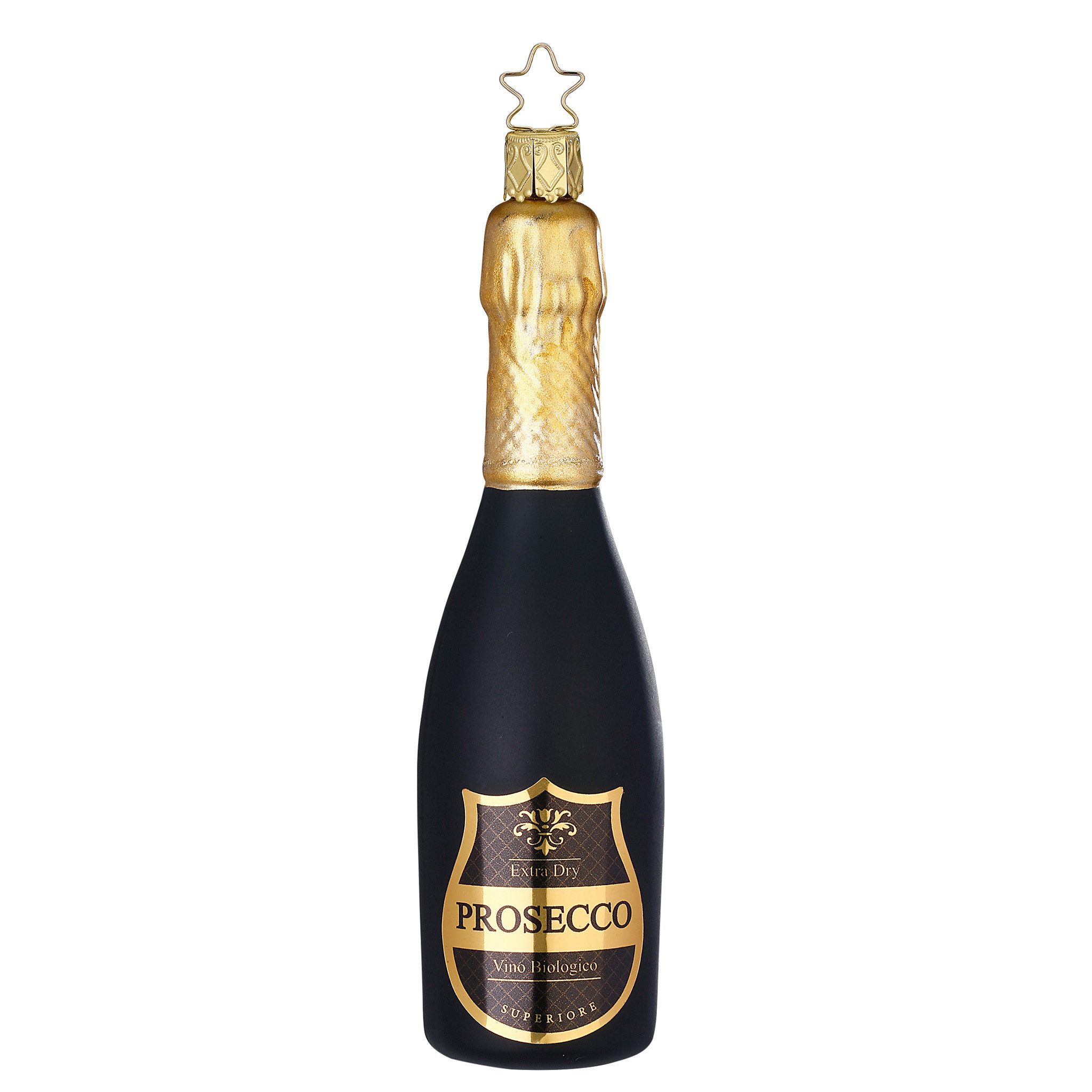 INGE-GLAS® Christbaumspitze, Christbaumschmuck Prosecco Flasche Glas 14,5cm schwarz 1 Stück