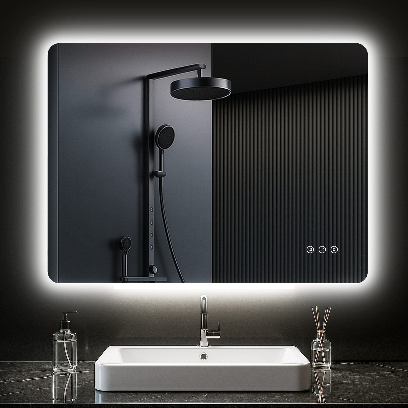 PESENXAN Badspiegel mit Beleuchtung, LED Badezimmerspiegel mit 3 Lichtfarben, Dimmbar (1-St), Speicherfunktion, Touch-Schalter, IP44 Wasserdicht, 80x60cm