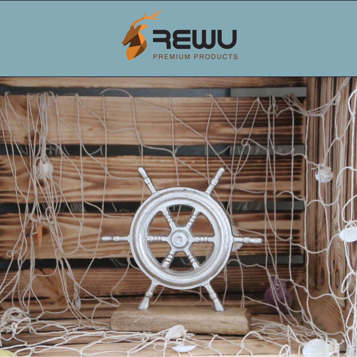 Schriftzug ReWu Steuerrad Silberfarbener Dekoobjekt Holz Metall auf Standfuss