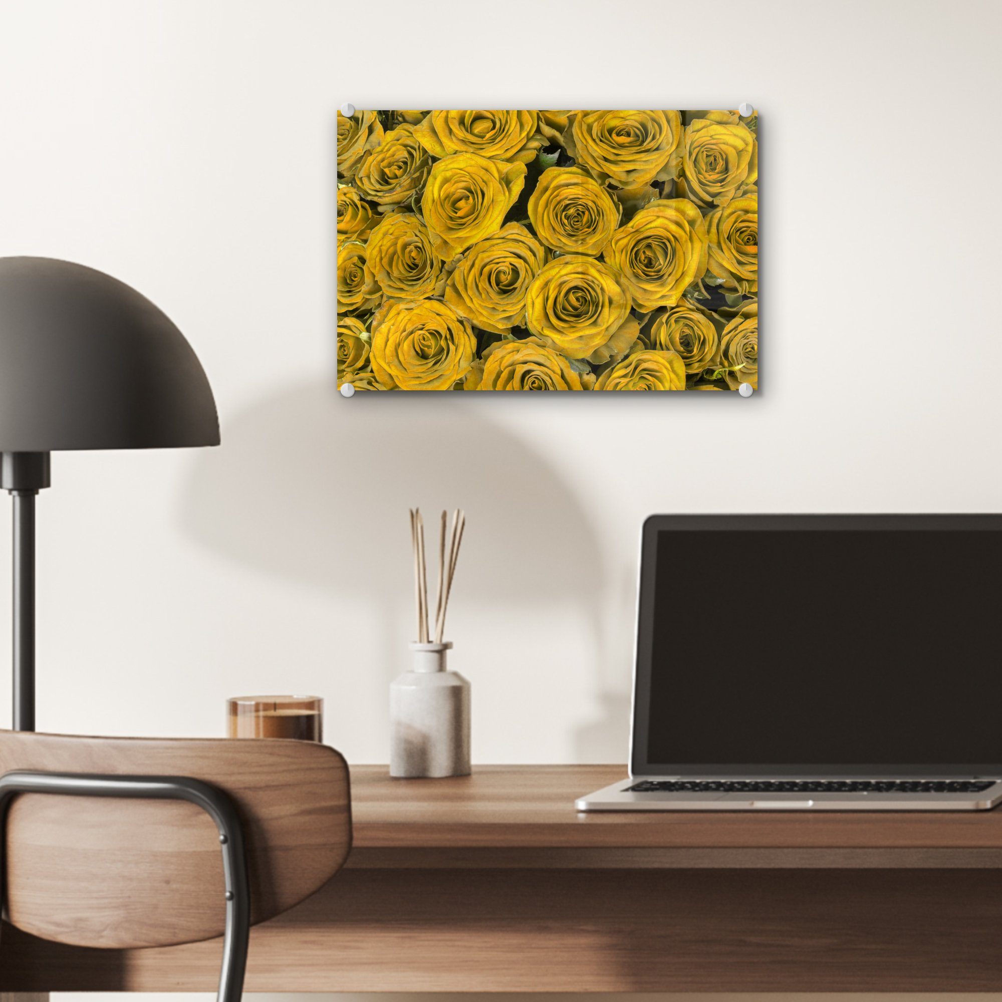 Blumenstrauß, auf Rosen - Wandbild Foto - Bilder auf Gelb Glasbilder MuchoWow Wanddekoration - St), Glas Glas Acrylglasbild - (1 -