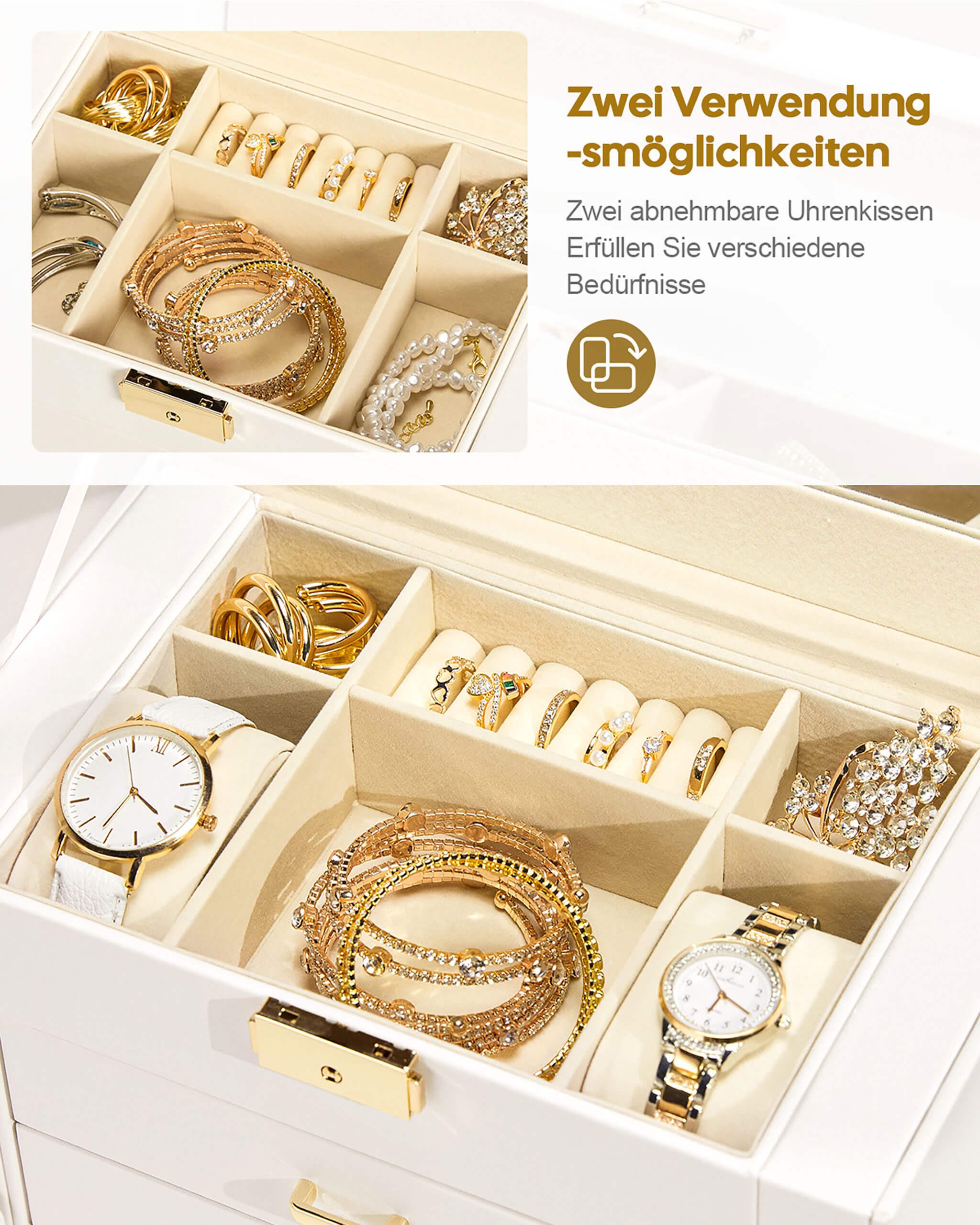Yorbay Schmuckkasten Groß Schmuckkoffer mit 5 Ebenen, 2 Seitenfächern, Weiß (Mit Spiegel), Schmuckkästchen, abschließbar, für Halsketten, Uhren, Ringe, Brille – Bild 4 von 5