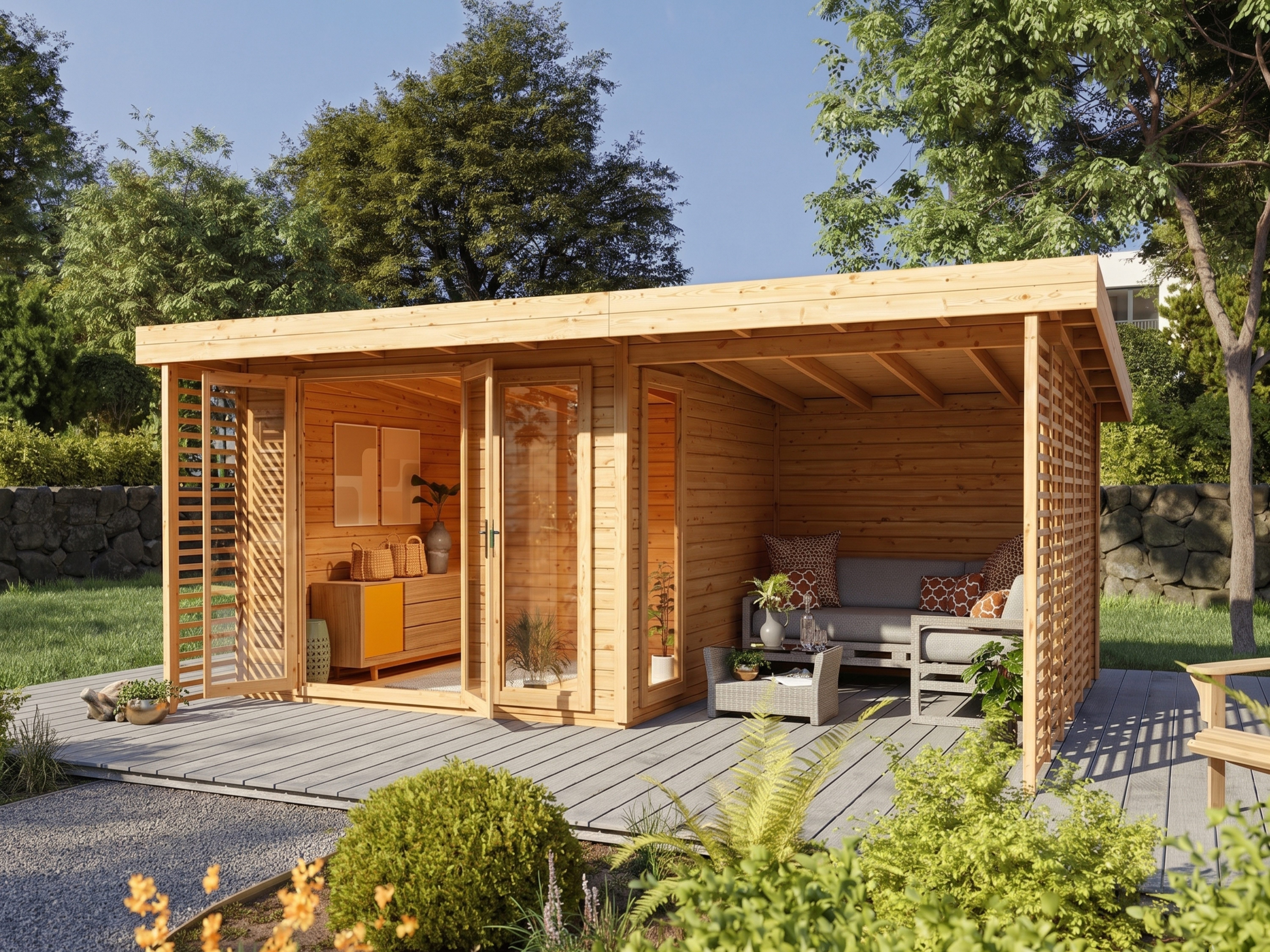Woodtex Gartenhaus WOODTEX Gartenhaus mit Anbau Arvo 28 mm, BxT: 596x394 cm, Holz-Gartenhaus mit Fußboden, ideal als Gerätehaus & Schuppen