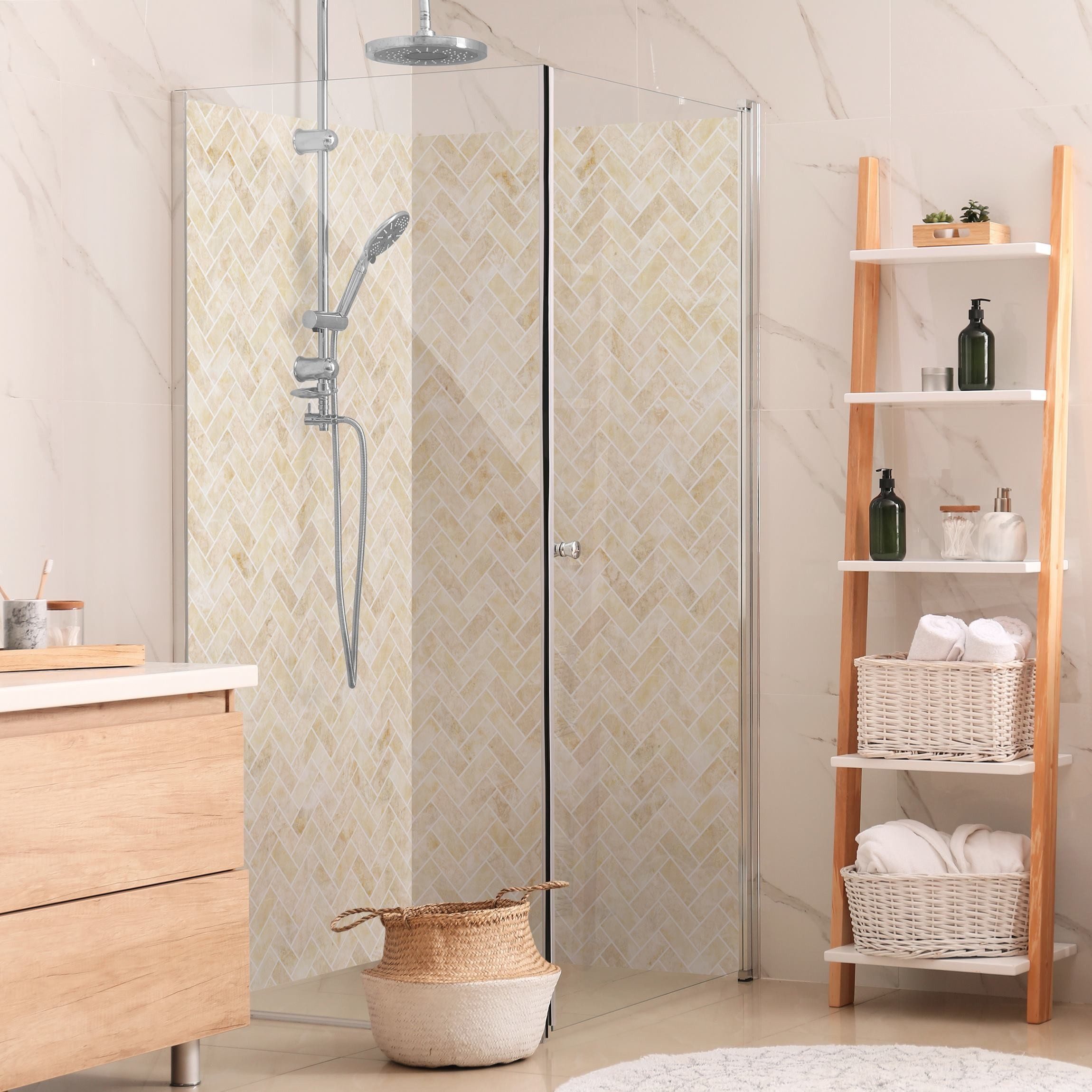 Thumbnail - Bilderdepot24 Duschrückwand Marmor Fliesenoptik gelb Badrückwand ohne Bohren Dusche, (2-tlg., 0,61 mm starke Folie selbs...
