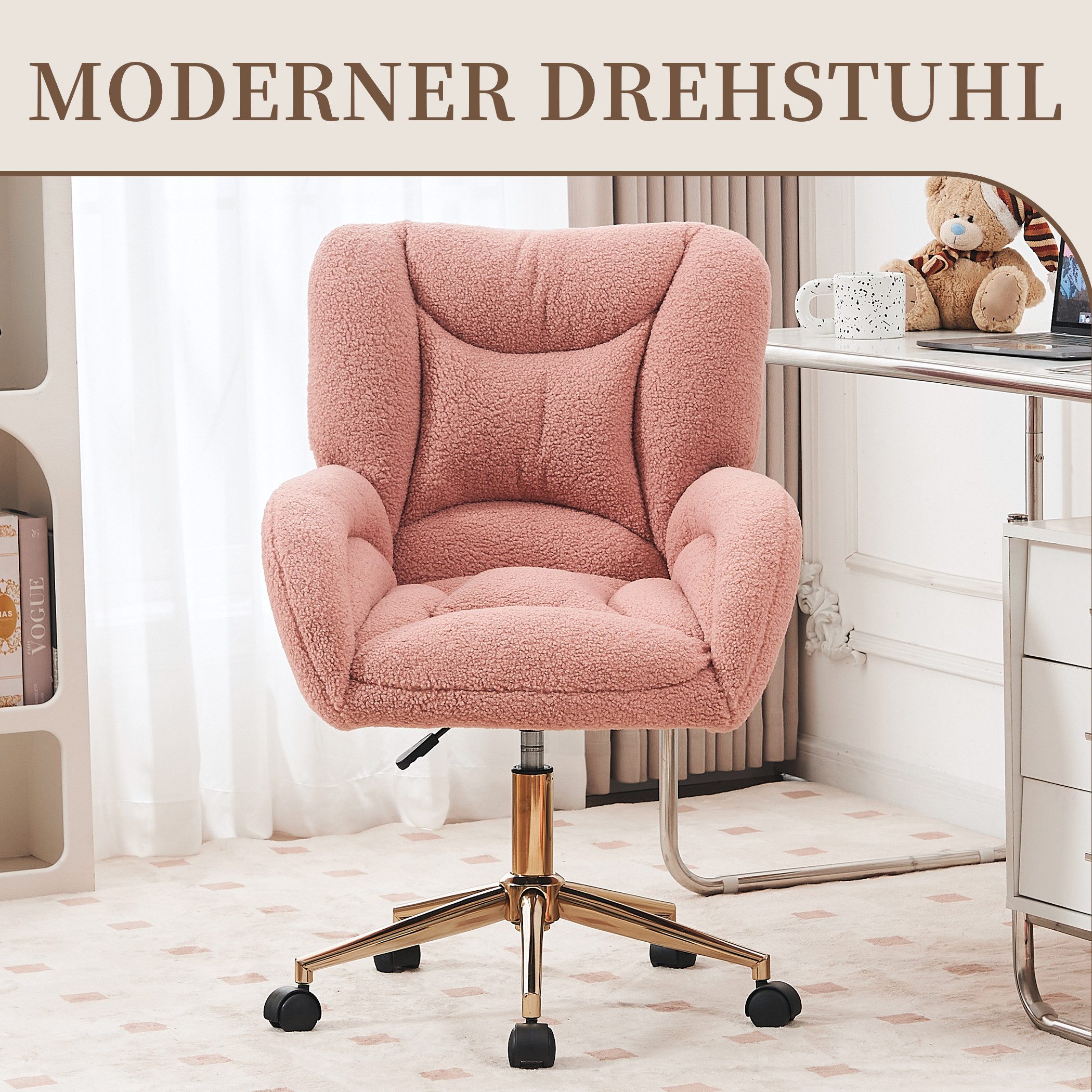 SeedWave Drehstuhl mit Rollen, Homeoffice Stuhl Höhenverstellbarer Sessel mit Kreuzfüßen, Teddy Schreibtischstuhl mit Metallbasis und Steppdesign