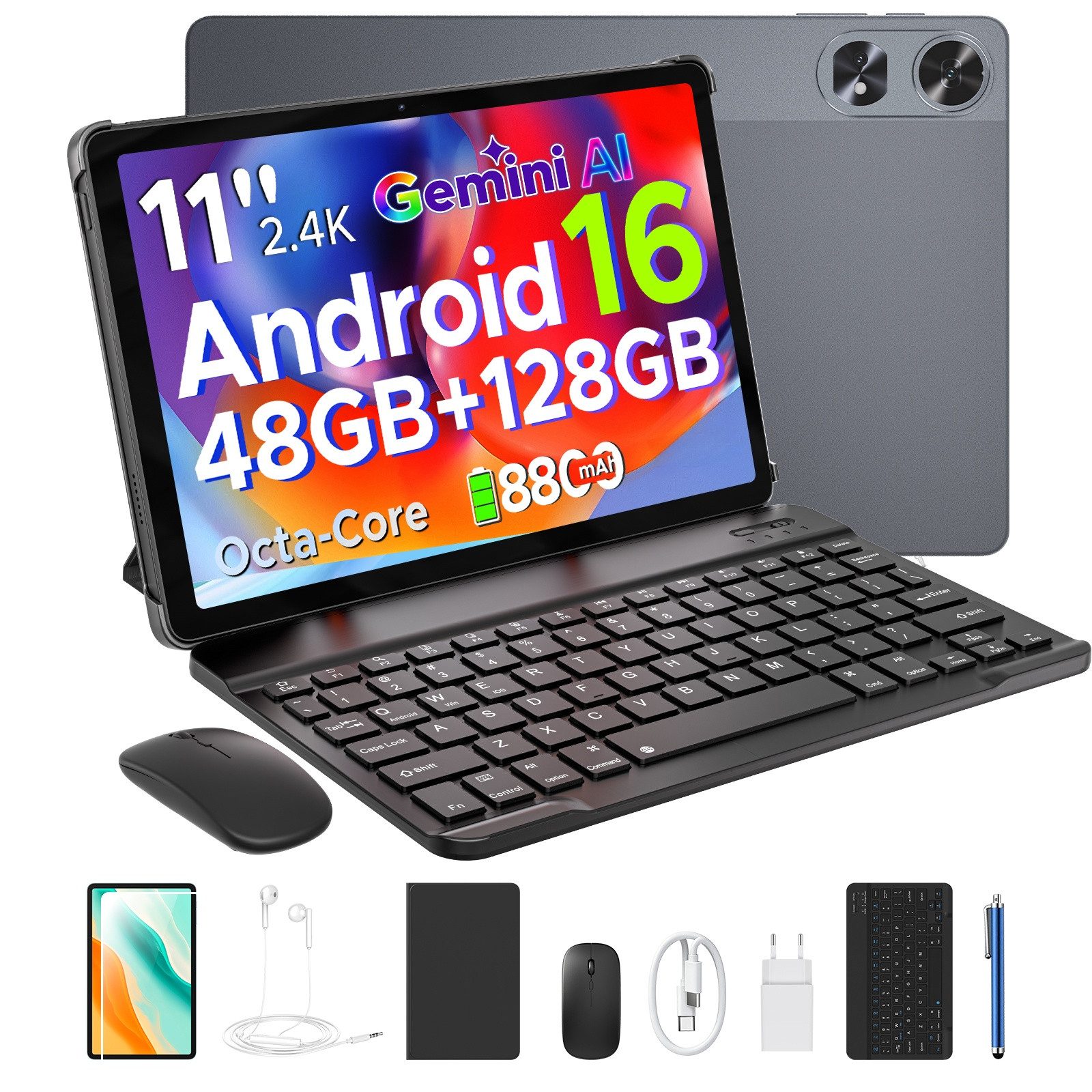 Aorlym P11 Android 16 Tablet mit Tastatur, Stift, Maus, 11 Zoll, 8800mAh Tablet (11", 8 GB, Android 16, Gemini AI, 13 MP, 5G WiFi/Widevine L1/GPS/Face ID/zwei Lautsprecher)